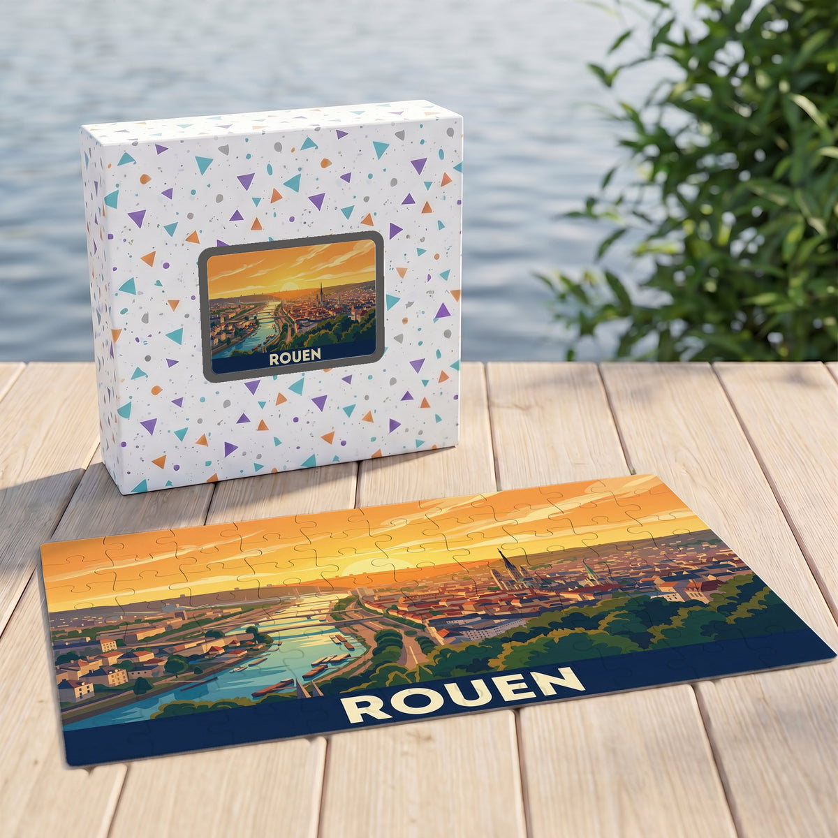 Puzzle souvenir de la ville de Rouen avec une illustration stylisée d'un coucher de soleil sur la Seine.