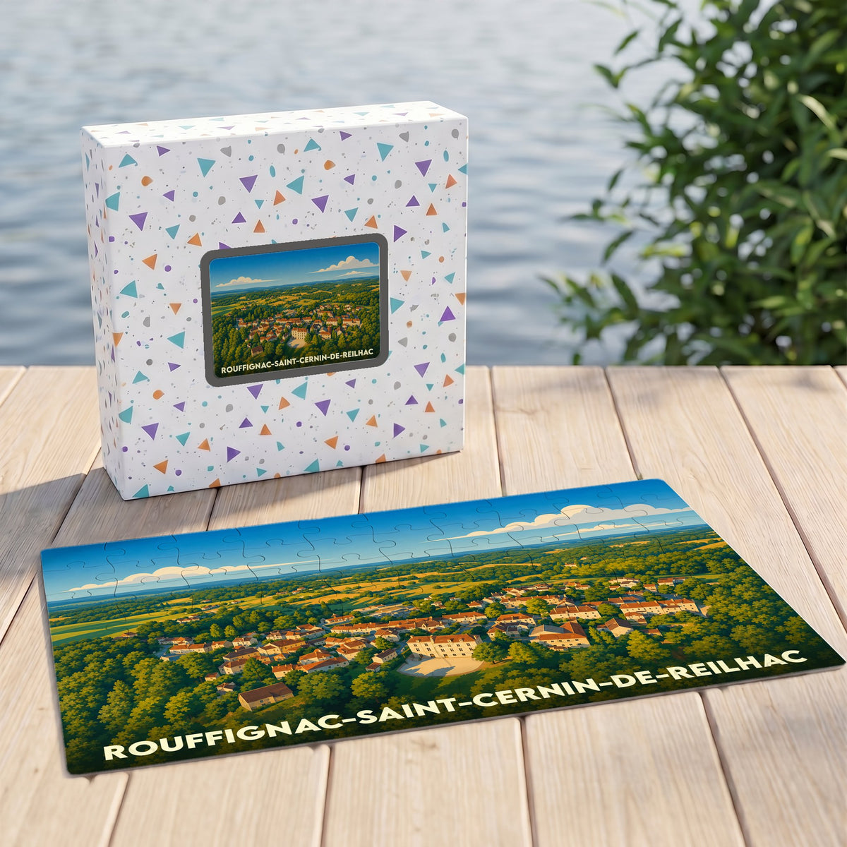 Puzzle souvenir de la ville de Rouffignac-Saint-Cernin-de-Reilhac avec une illustration paysagère stylisée.