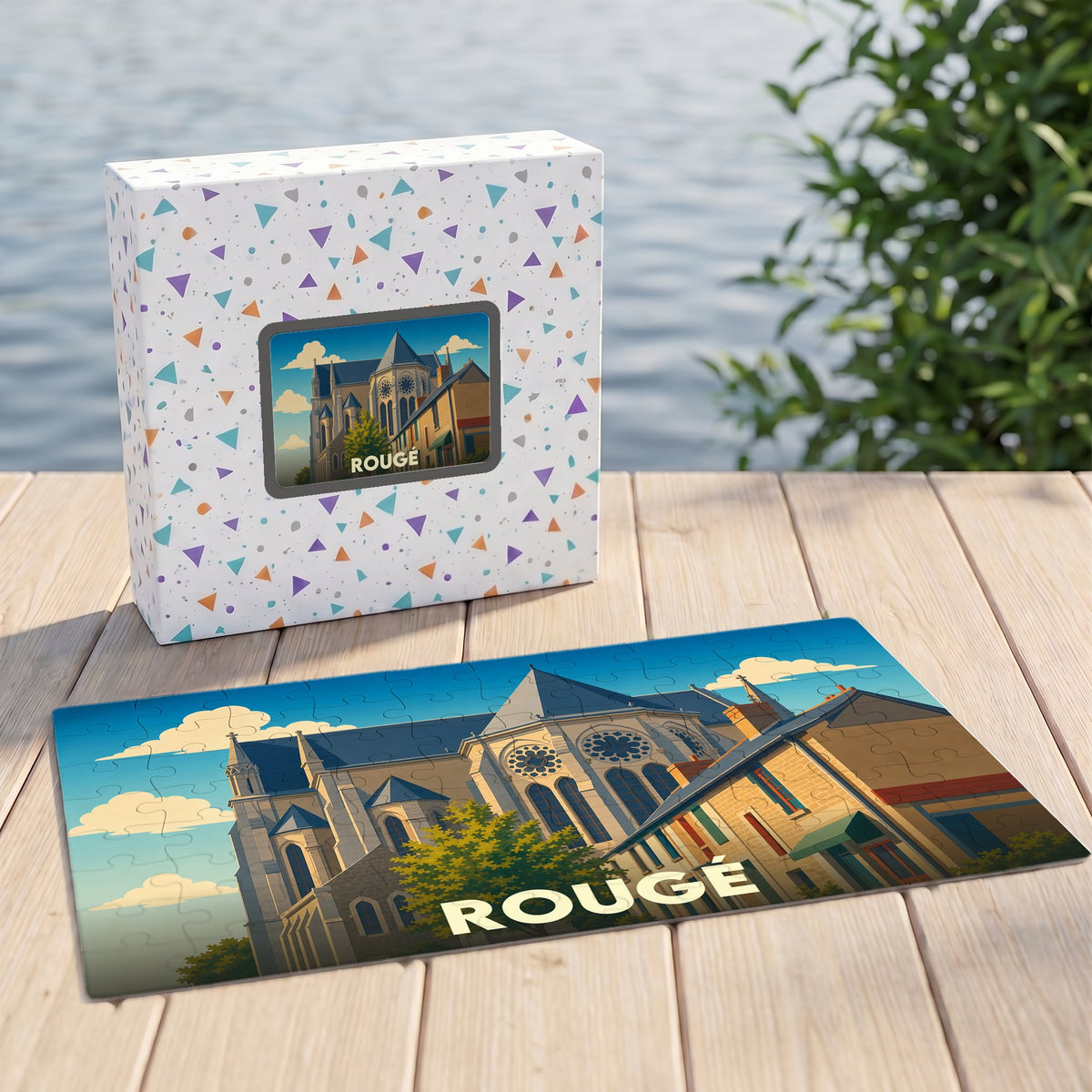 Puzzle souvenir de la ville de Rougé avec une illustration stylisée.