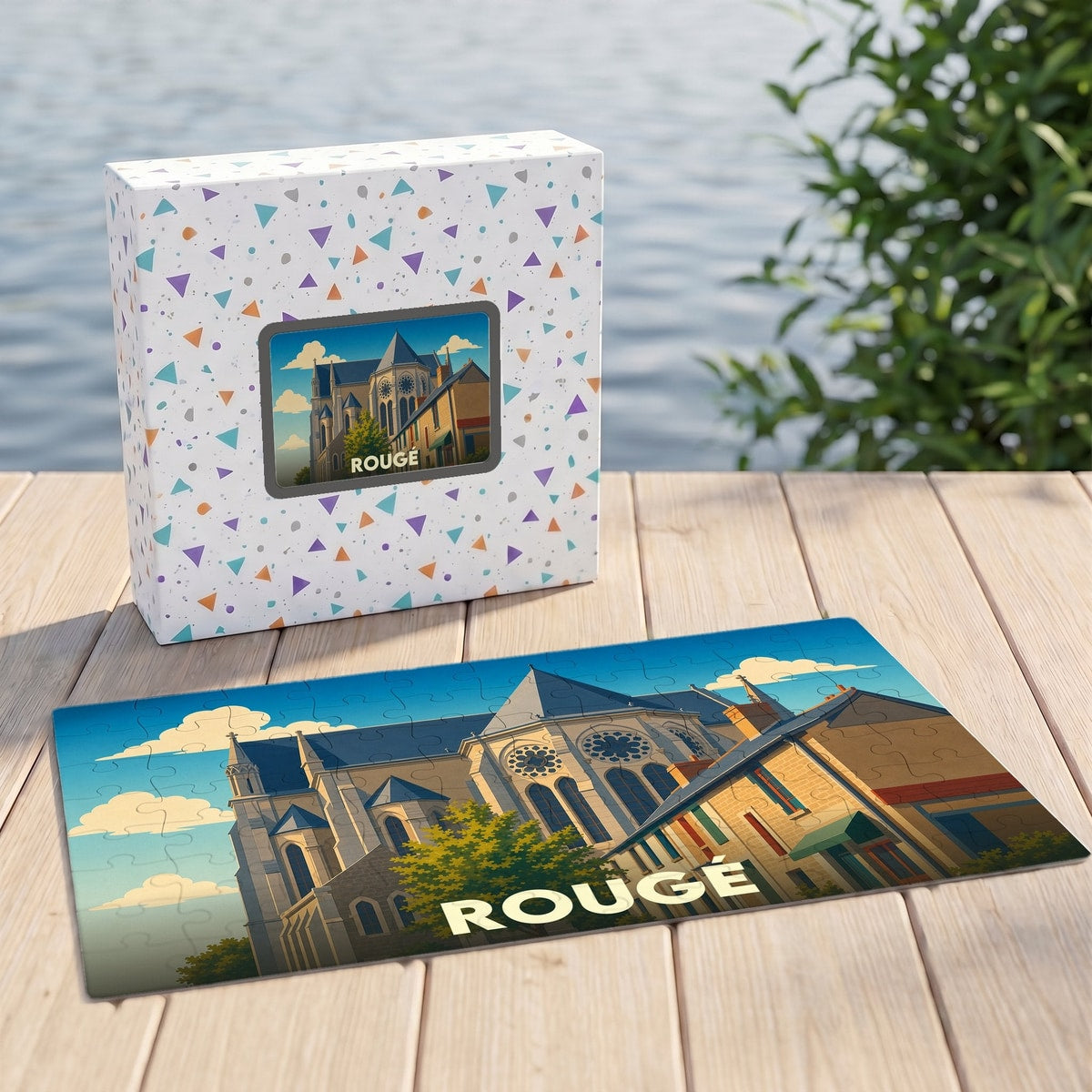 Puzzle souvenir de la ville de Rougé avec une illustration stylisée.