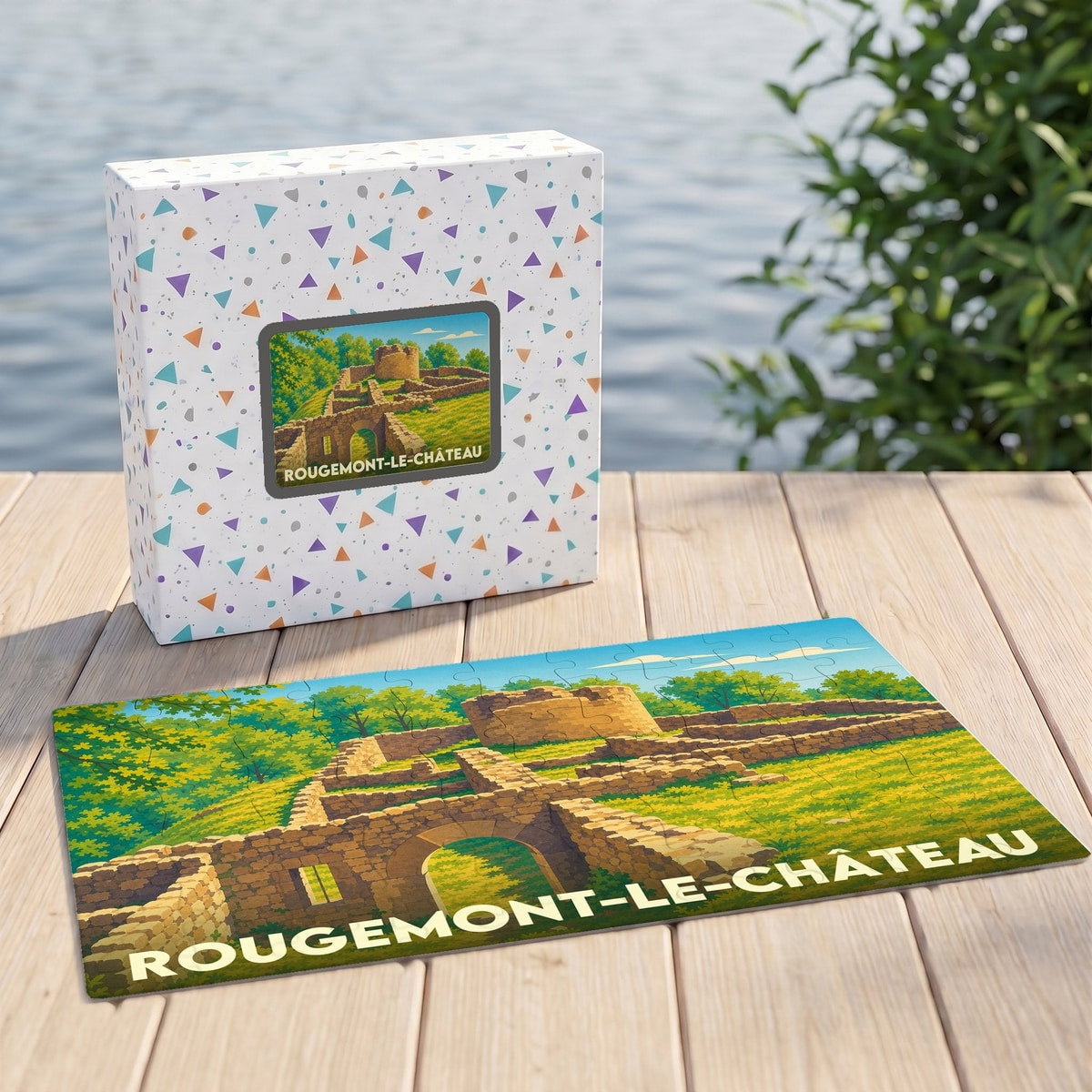 Puzzle souvenir de la commune de Rougemont-le-Château avec une illustration stylisée de ses ruines médiévales.