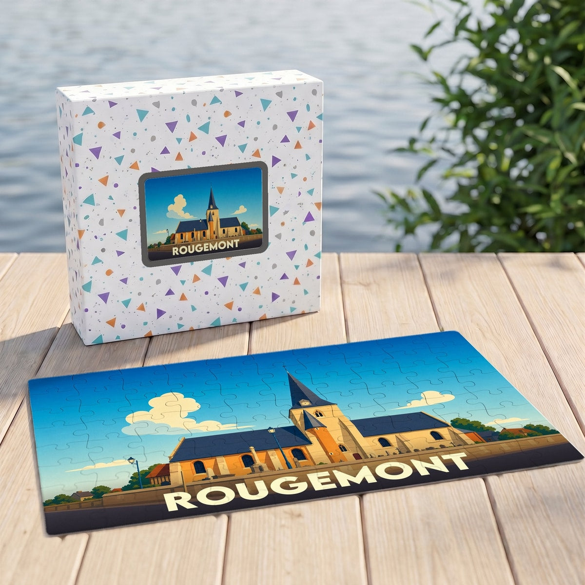 Puzzle souvenir de la ville de Rougemont avec une illustration stylisée et sa boîte assortie.