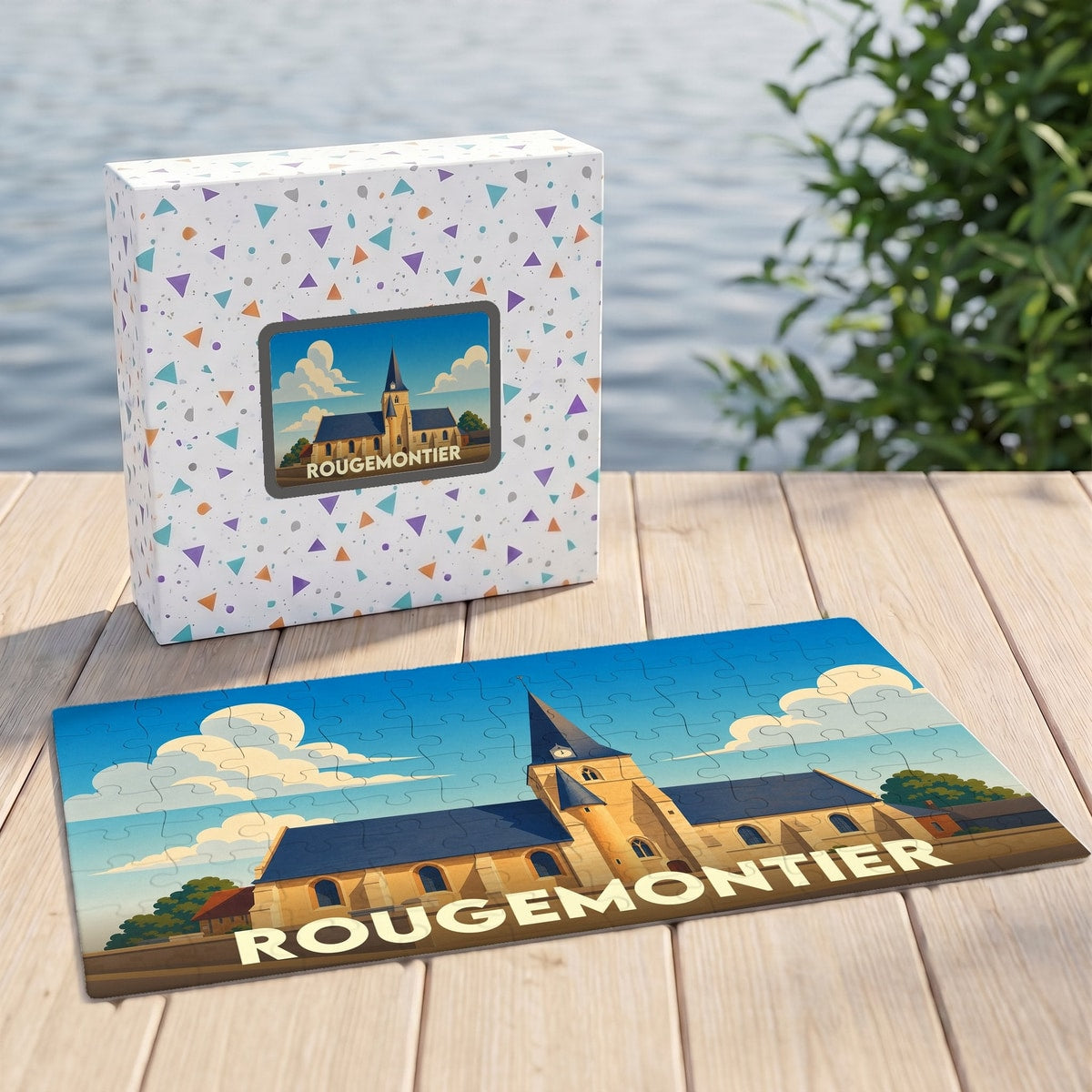 Puzzle souvenir de la ville de Rougemontier avec une illustration stylisée de son église.