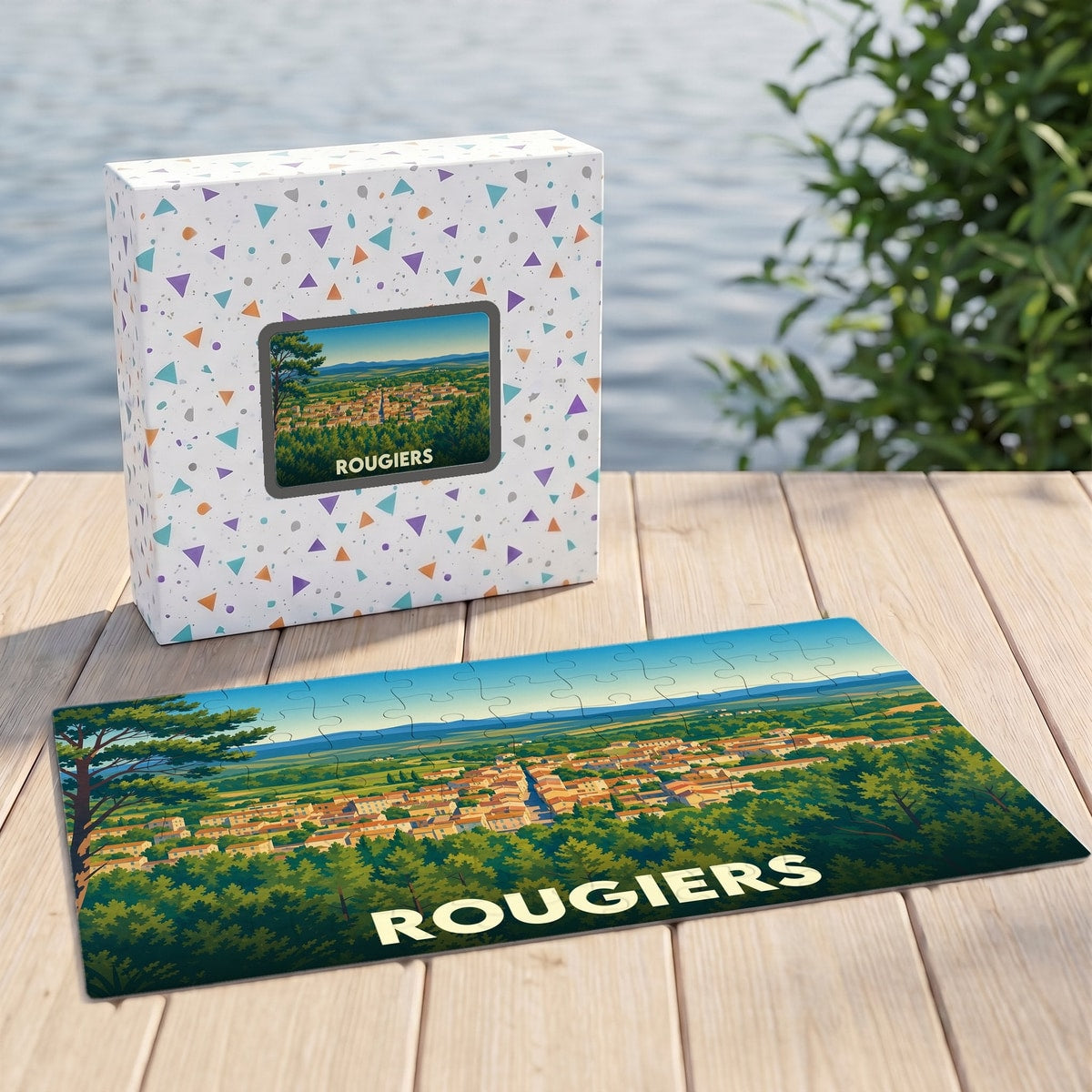 Puzzle souvenir de la ville de Rougiers avec une illustration panoramique stylisée.