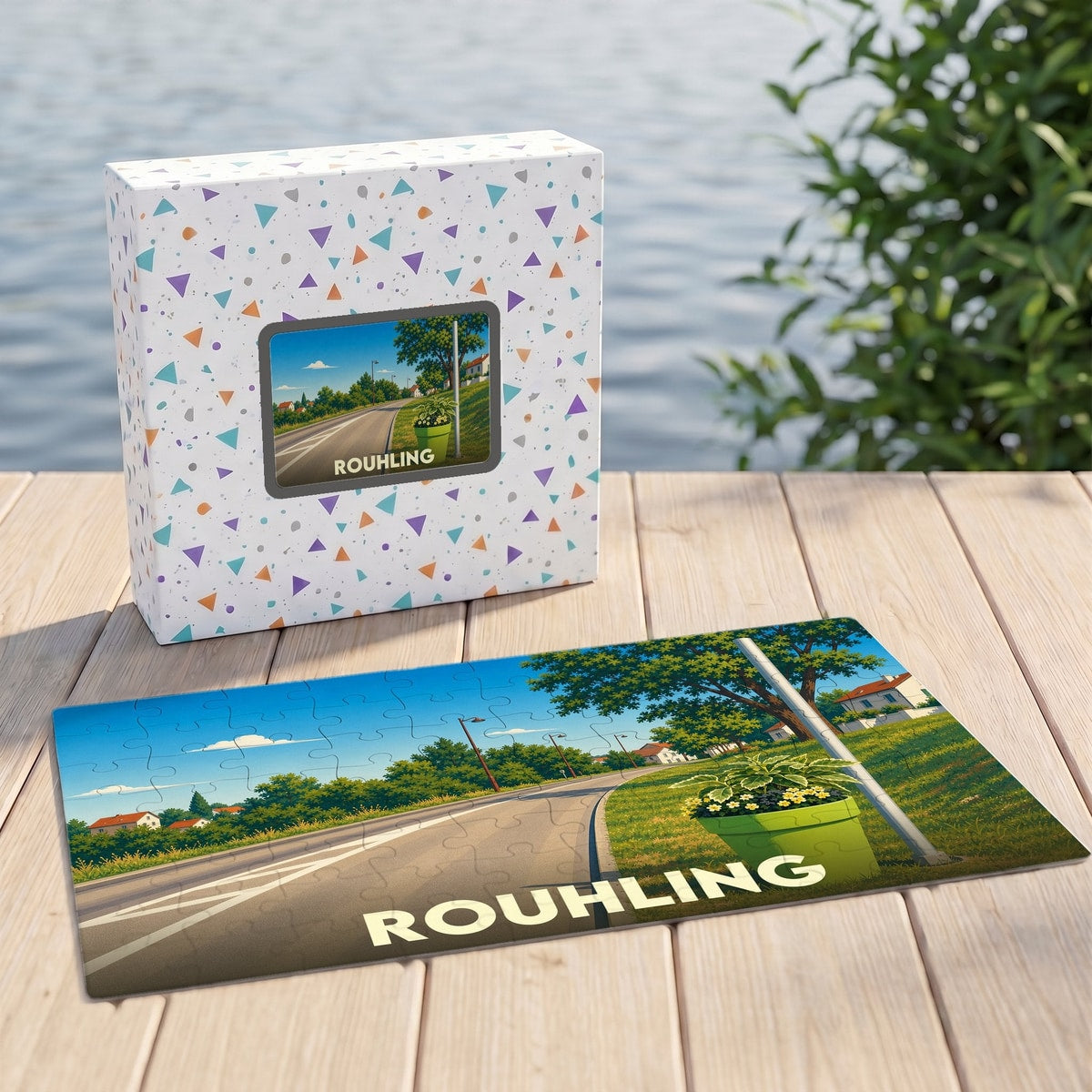 Puzzle souvenir de la ville de Rouhling avec une illustration stylisée d'un paysage urbain verdoyant.