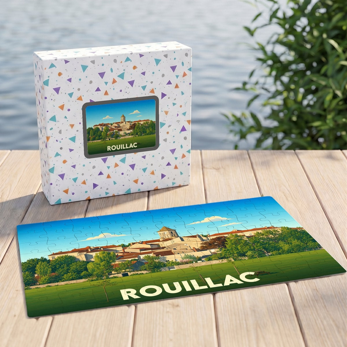 Puzzle souvenir de la ville de Rouillac avec une illustration paysagère stylisée.