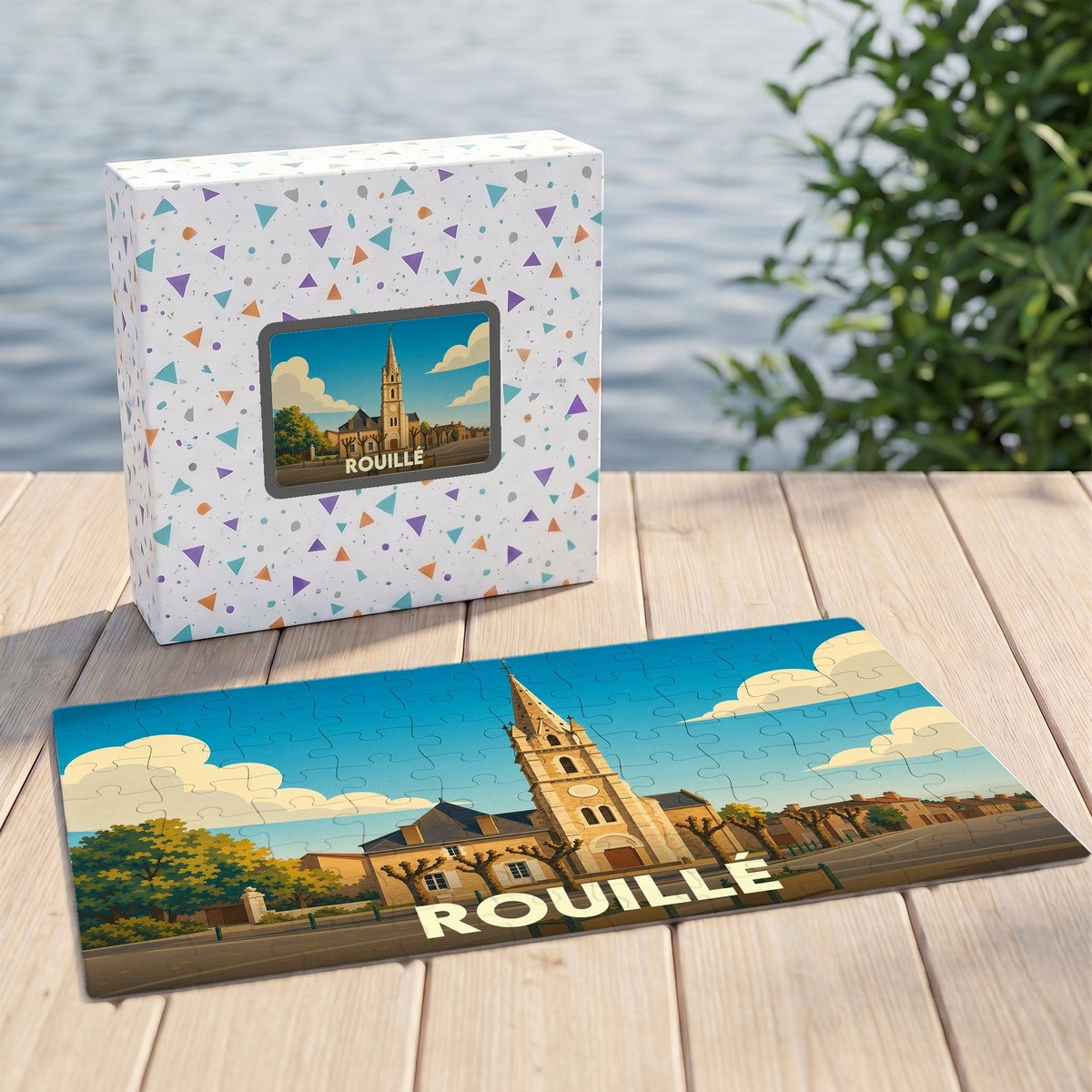 Puzzle souvenir de la ville de Rouillé avec une illustration stylisée de son église.