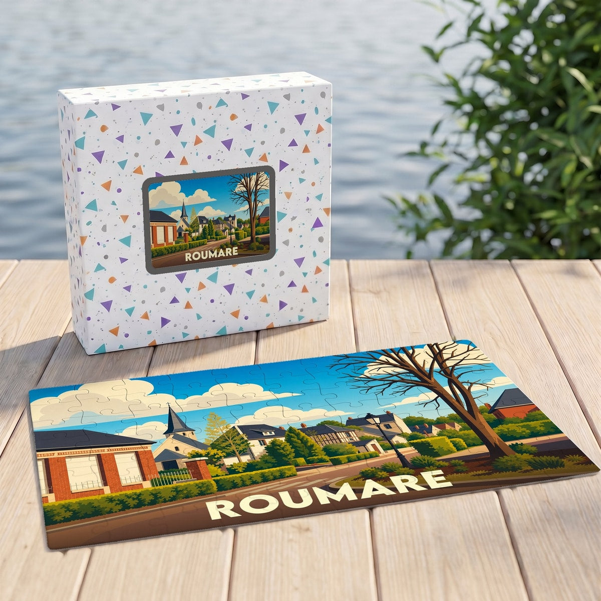 Puzzle souvenir de la ville de Roumare avec une illustration stylisée et colorée.