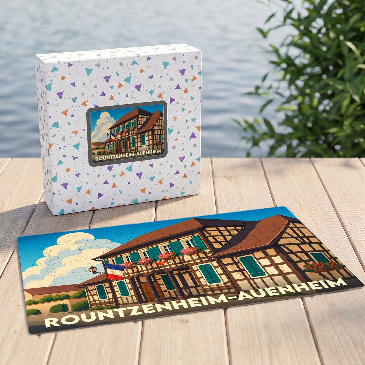 Puzzle souvenir de la ville de Rountzenheim-Auenheim avec une illustration stylisée de maison à colombages.