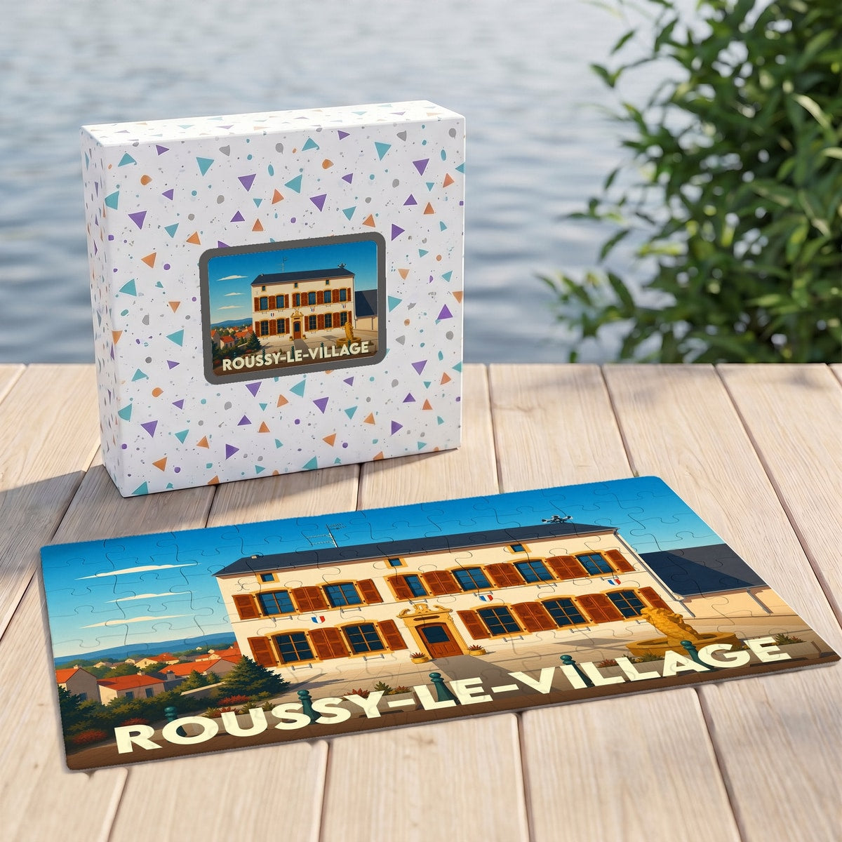 Puzzle souvenir de la ville de Roussy-le-Village avec une illustration stylisée de sa mairie.