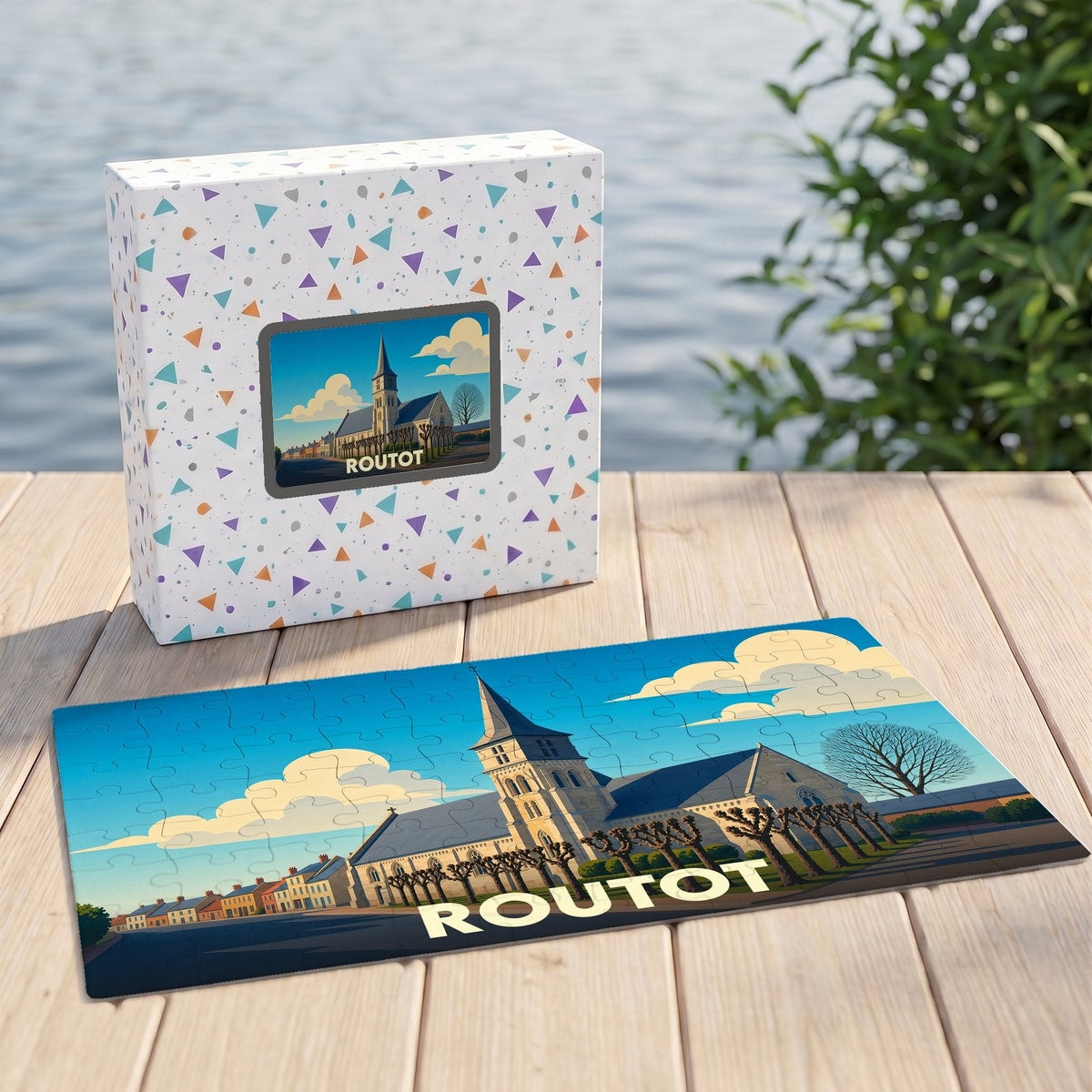 Puzzle souvenir de la ville de Routot avec une illustration stylisée de son église.