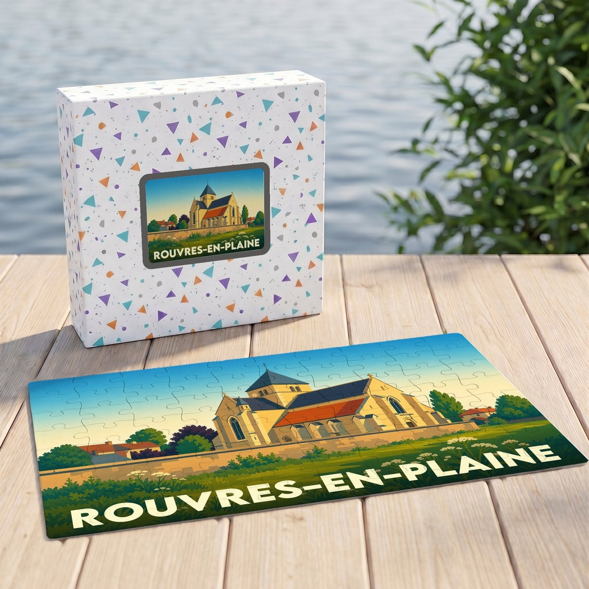 Puzzle souvenir de la ville de Rouvres-en-Plaine avec une illustration stylisée de son église.
