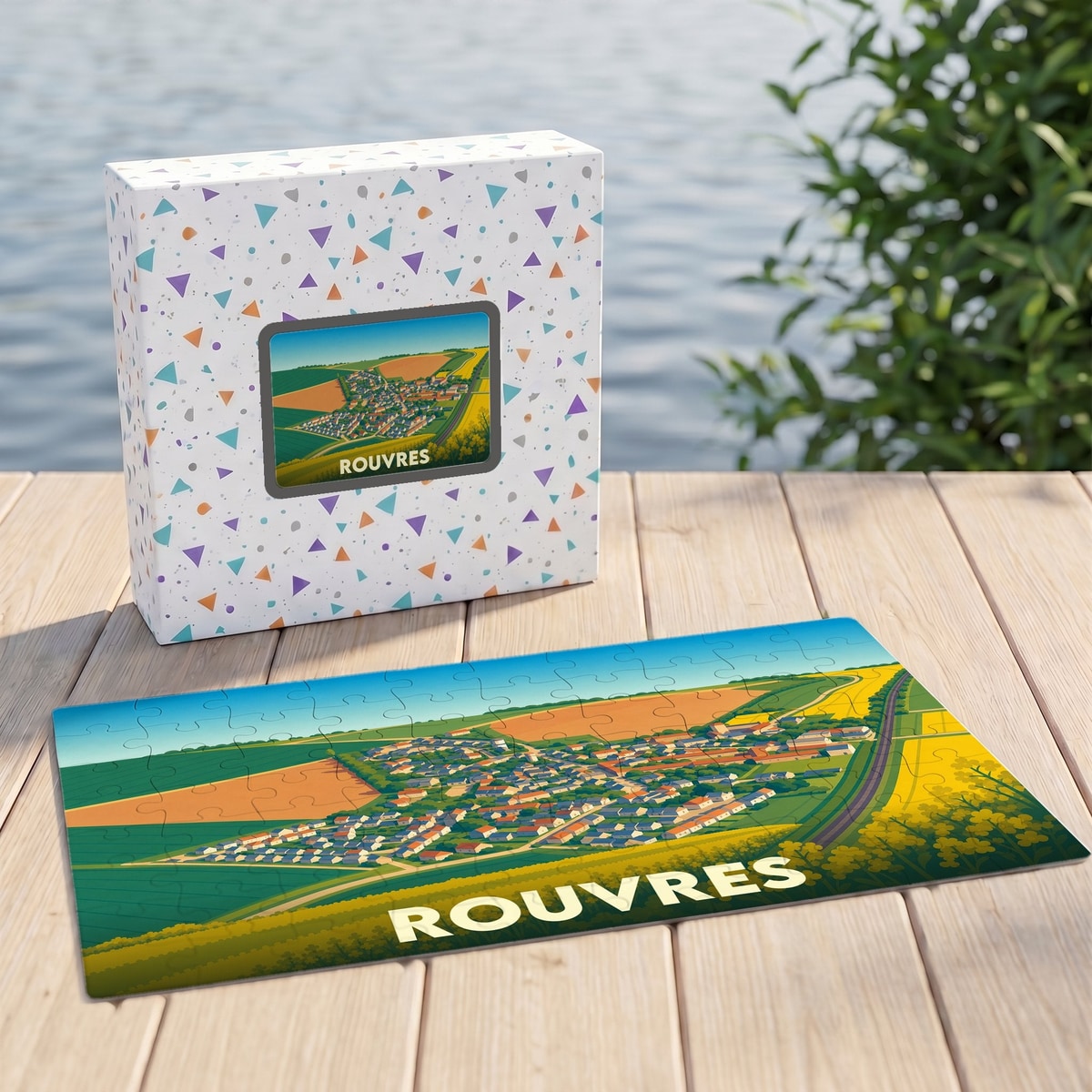 Puzzle souvenir de la ville de Rouvres avec une illustration stylisée de son paysage champêtre.