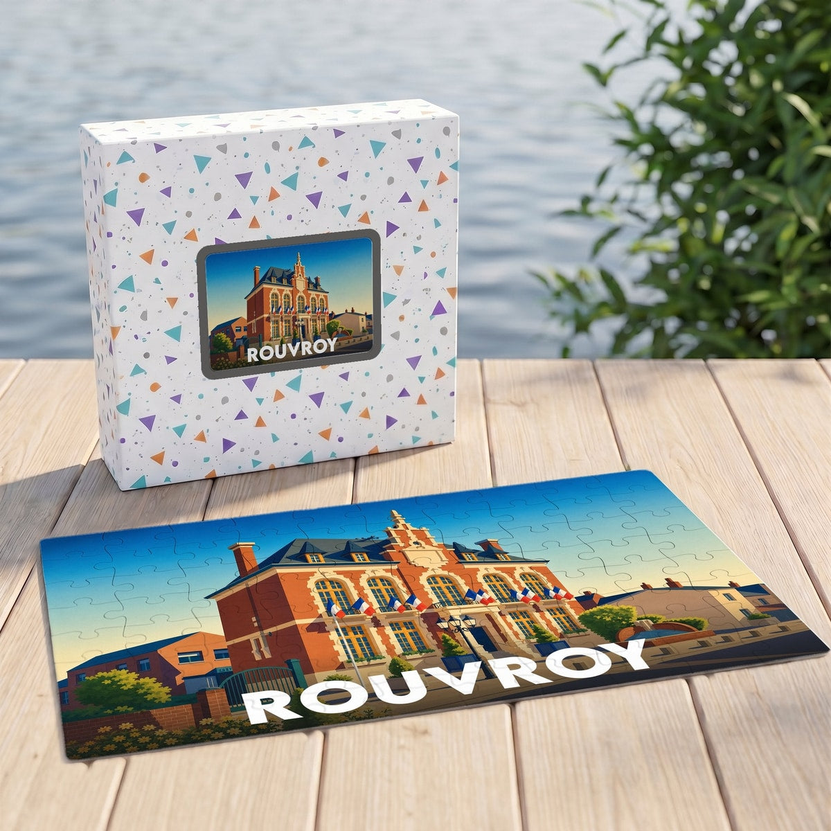 Puzzle souvenir de la ville de Rouvroy avec une illustration stylisée de son hôtel de ville.