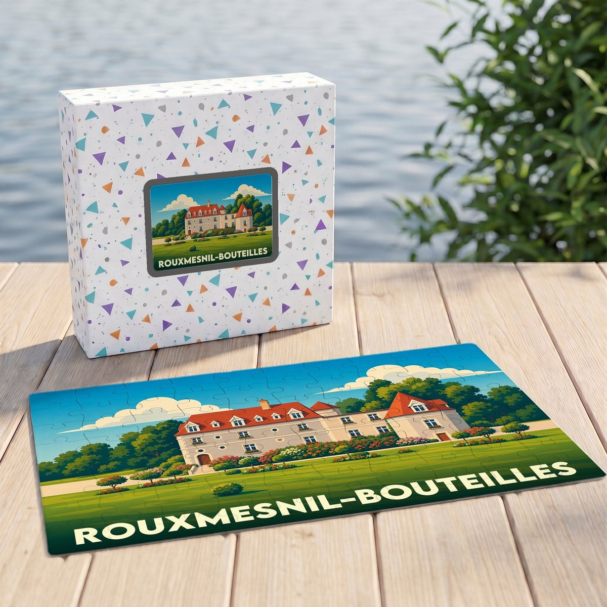 Puzzle souvenir de la ville de Rouxmesnil-Bouteilles avec son coffret, illustrant une grande demeure dans un style graphique épuré.