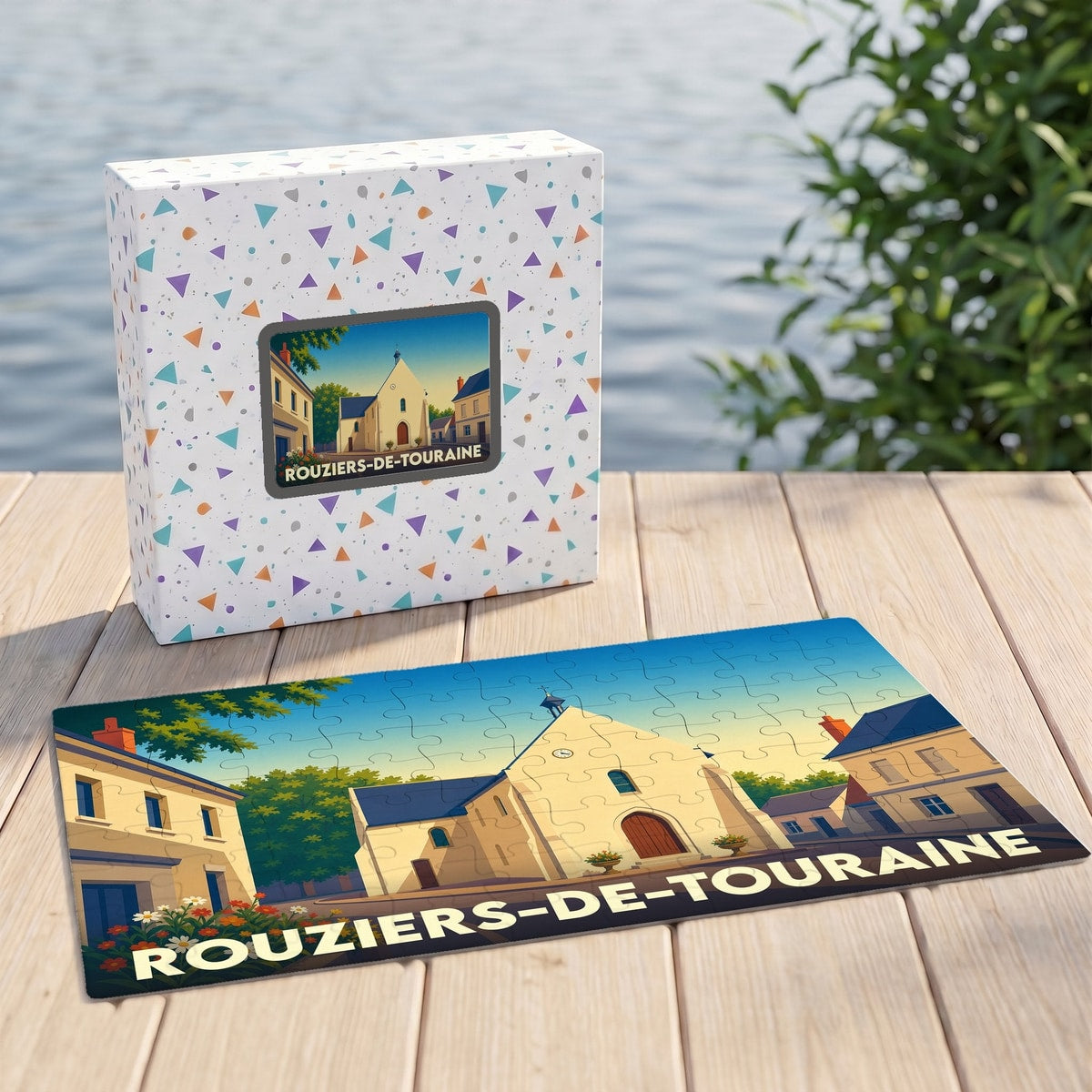 Puzzle souvenir de la ville de Rouziers-de-Touraine avec une illustration stylisée de son église et de ses maisons.