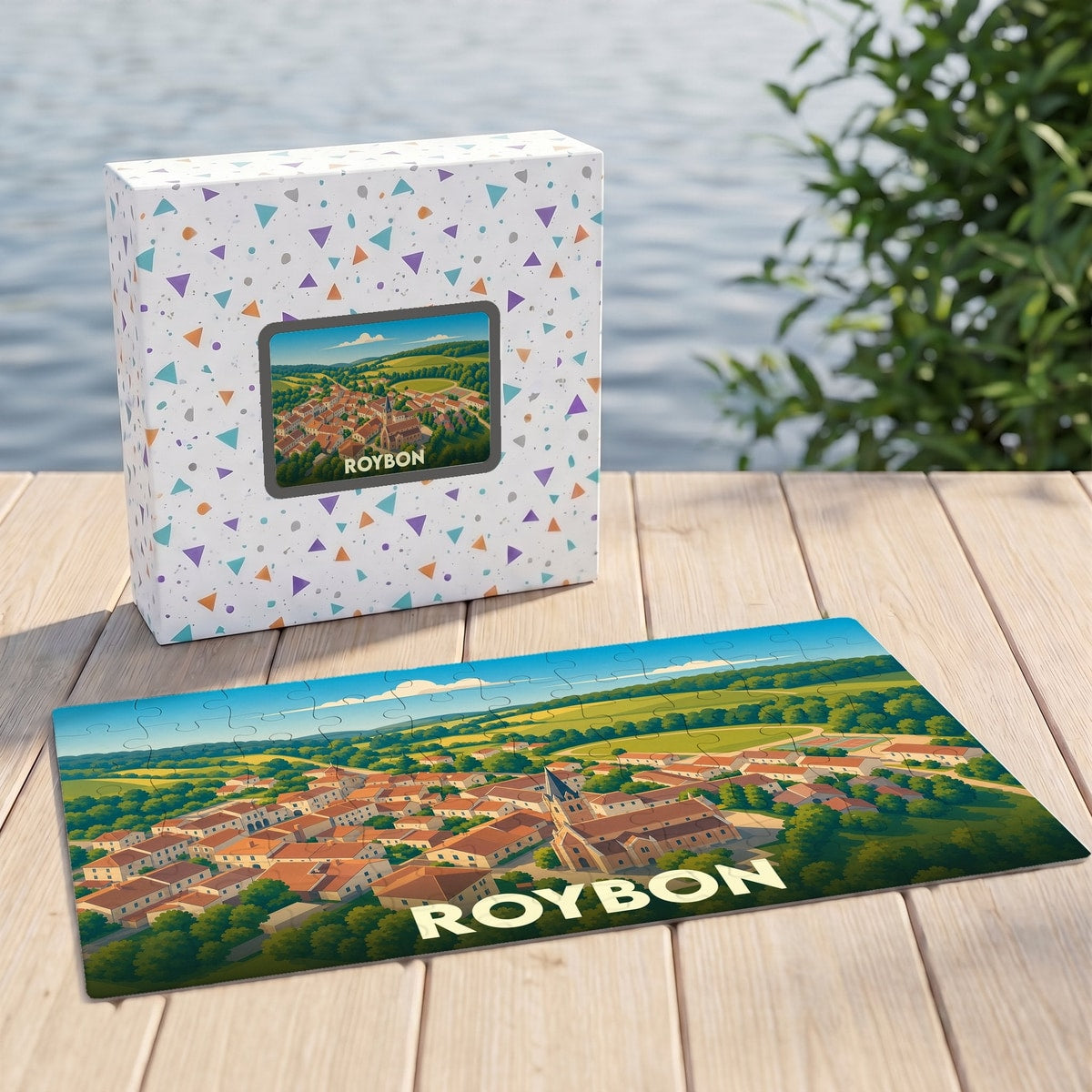 Puzzle souvenir de la ville de Roybon avec une illustration stylisée de ses paysages et de son architecture.