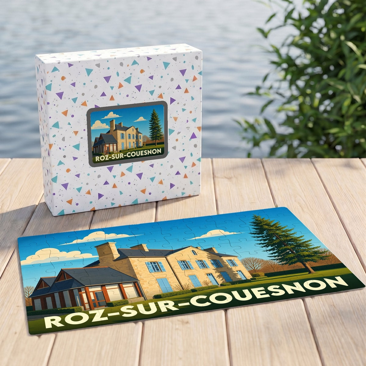 Puzzle souvenir de la ville de Roz-sur-Couesnon avec son emballage et une illustration stylisée.