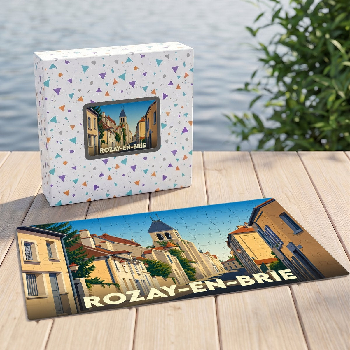 Puzzle souvenir de la ville de Rozay-en-Brie avec une illustration stylisée de ses rues et de son église.