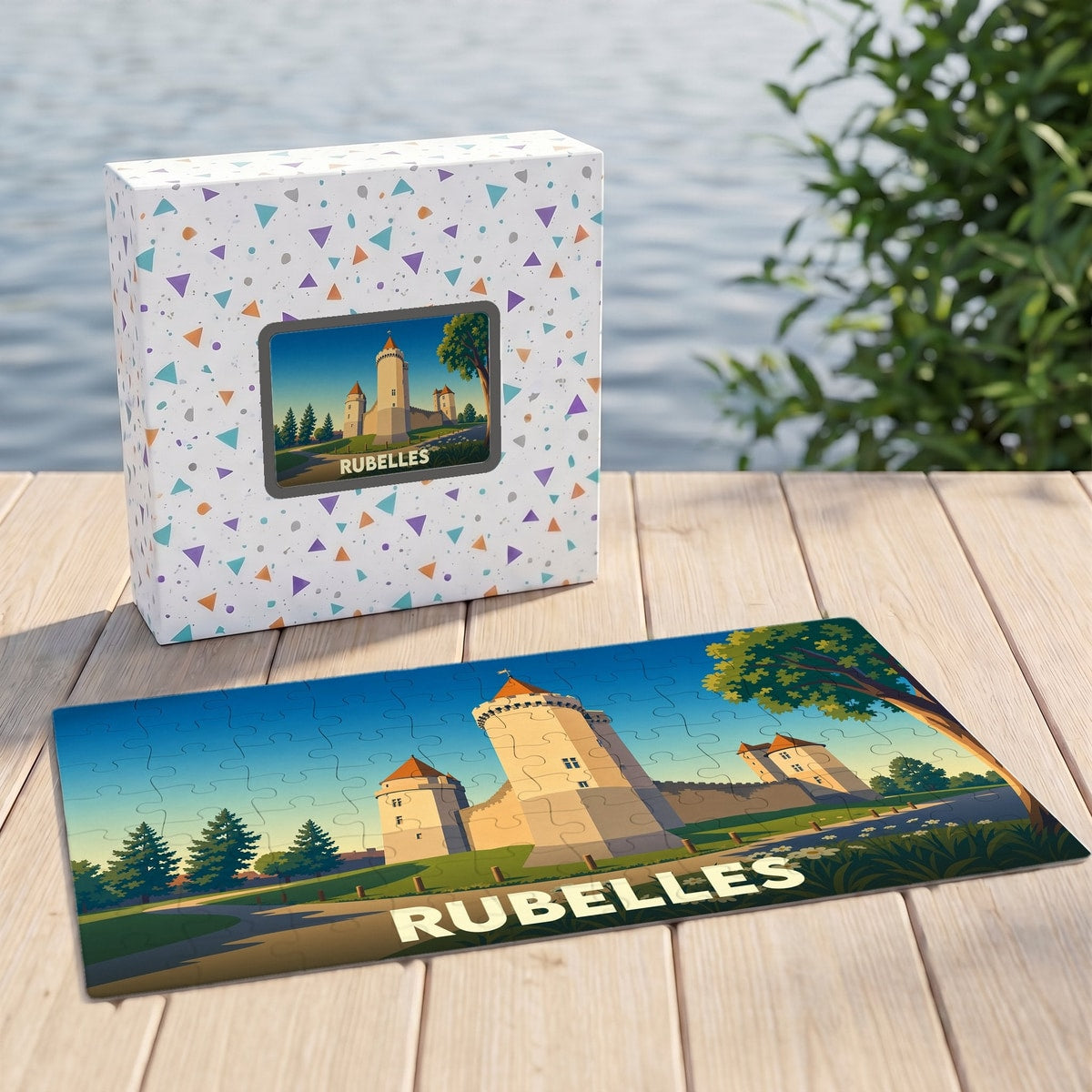 Puzzle souvenir de la ville de Rubelles avec une illustration stylisée d'un château.