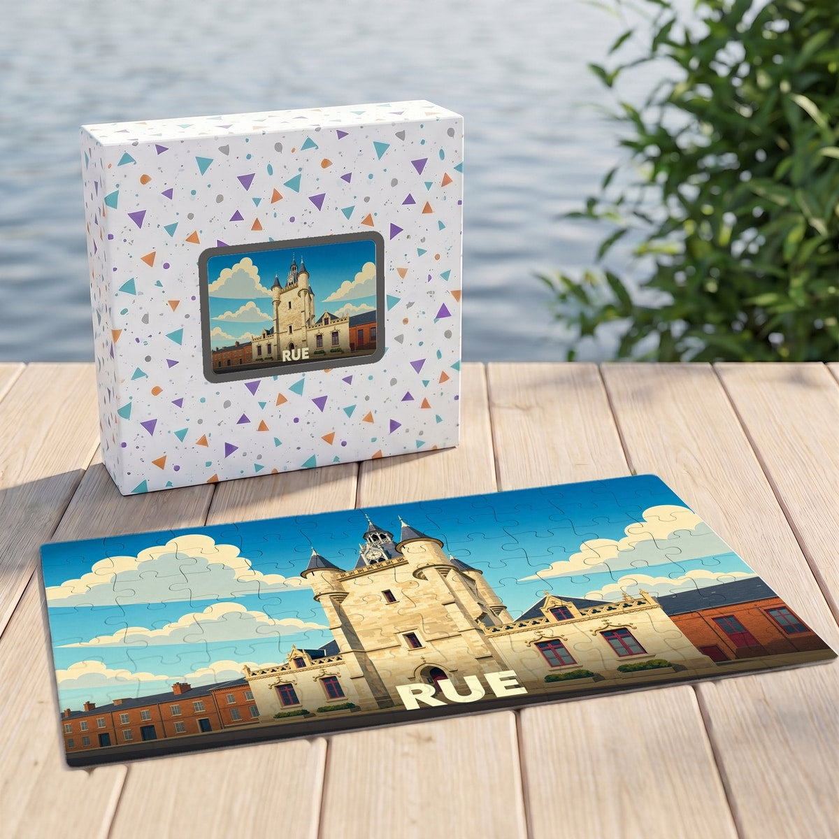 Puzzle souvenir de la ville de Rue avec une illustration stylisée du beffroi.