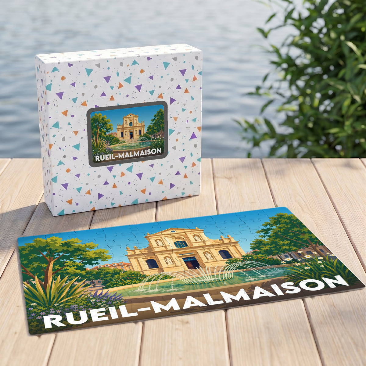 Puzzle souvenir de la ville de Rueil-Malmaison illustrant l'église Saint-Pierre-Saint-Paul et sa fontaine.