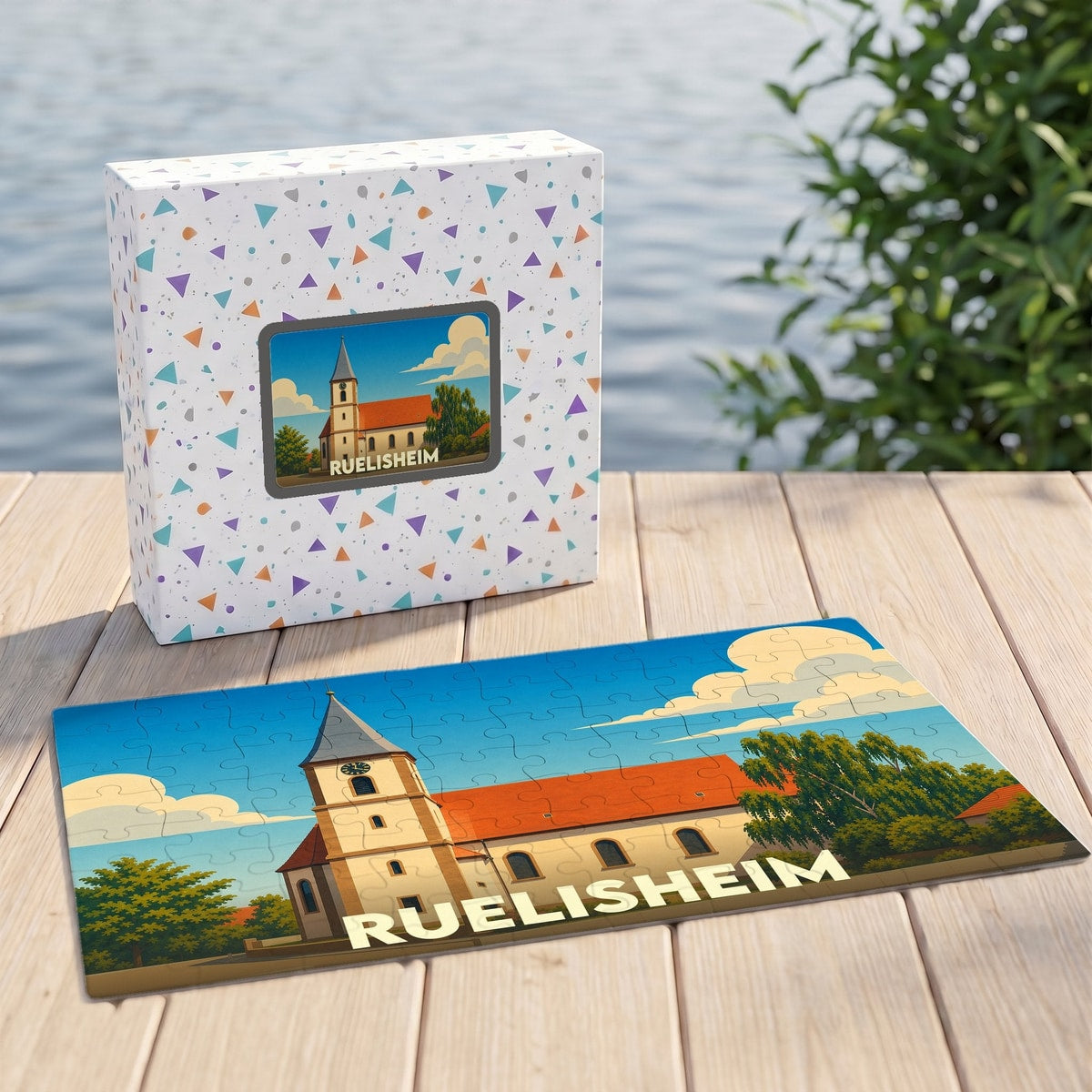 Puzzle souvenir de la ville de Ruelisheim avec une illustration stylisée d'une église sous un ciel bleu.