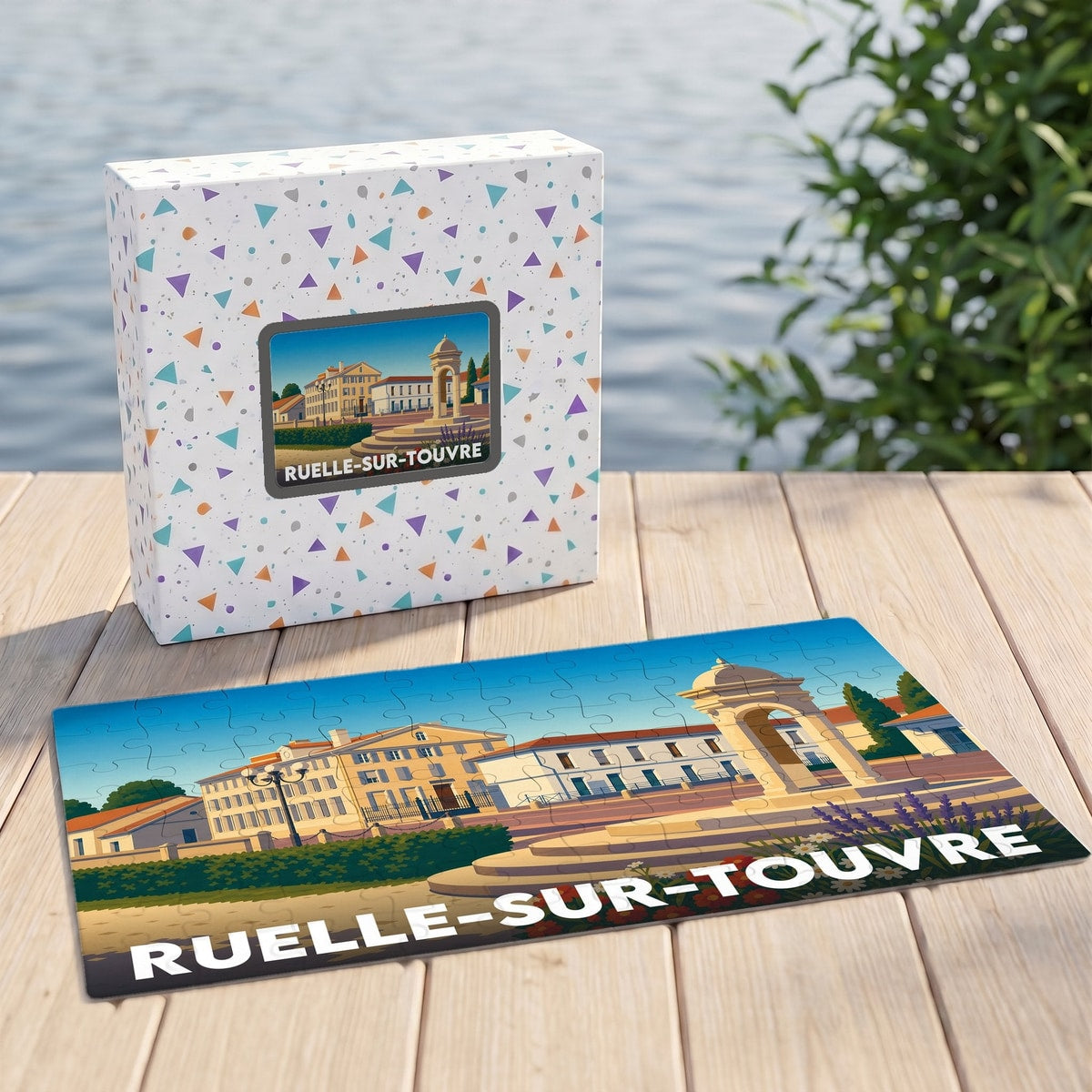 Puzzle souvenir de la ville de Ruelle-sur-Touvre avec une illustration stylisée d'un monument historique.