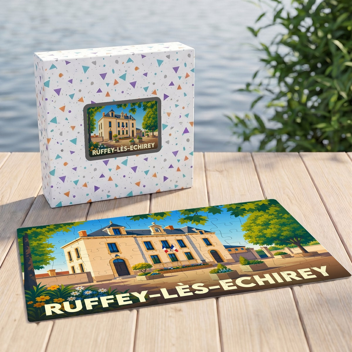 Puzzle souvenir de la ville de Ruffey-lès-Echirey avec une illustration stylisée de sa mairie.