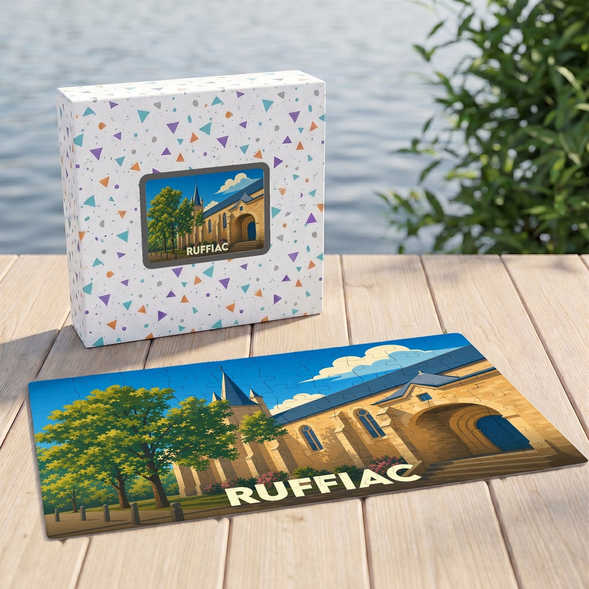 Puzzle souvenir de la ville de Ruffiac avec une illustration stylisée de son église.