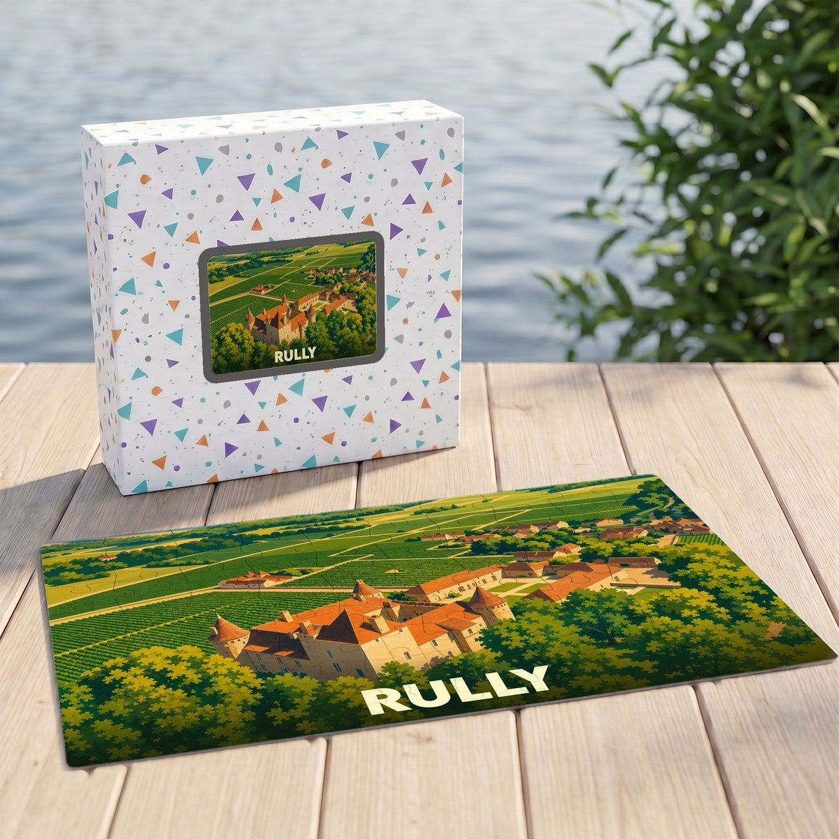 Puzzle souvenir de la ville de Rully avec une illustration stylisée de son château et de ses vignobles.