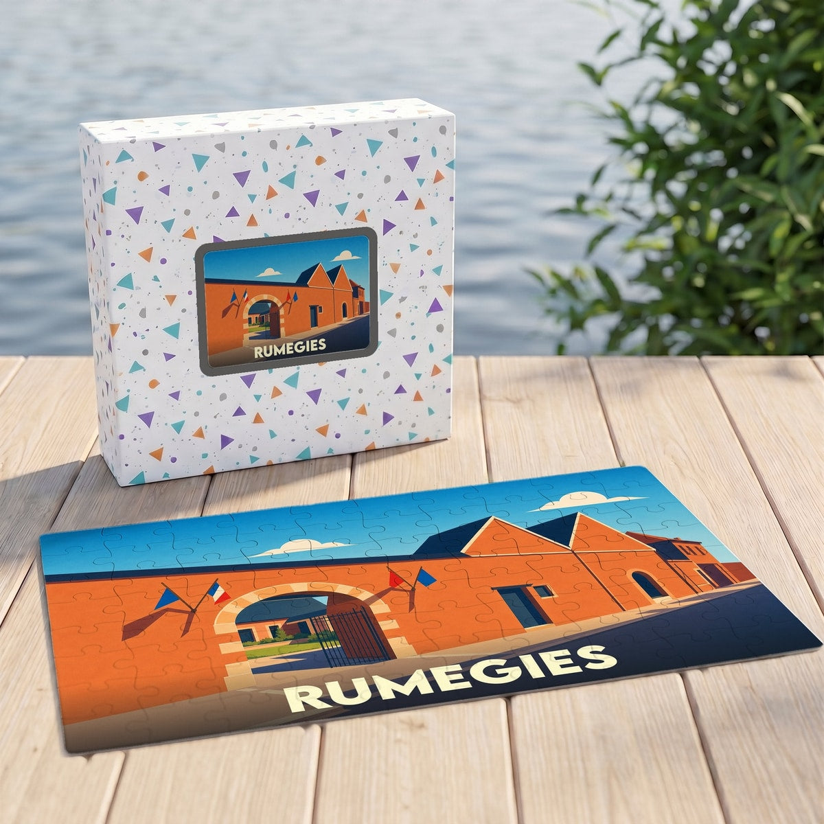 Puzzle souvenir de la ville de Rumegies avec une illustration stylisée d'un bâtiment historique.
