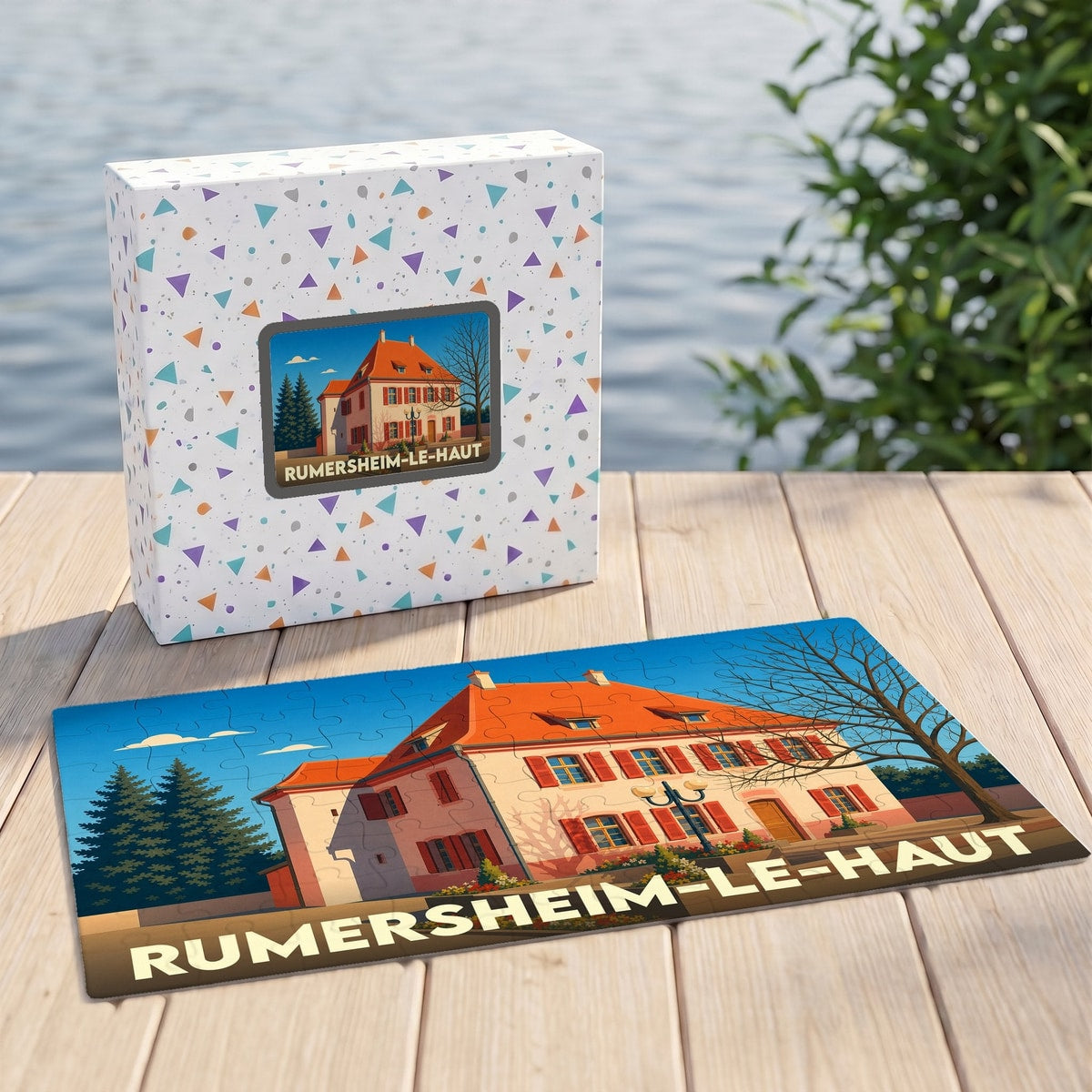 Puzzle souvenir de la ville de Rumersheim-le-Haut avec une illustration stylisée d'une grande maison traditionnelle.