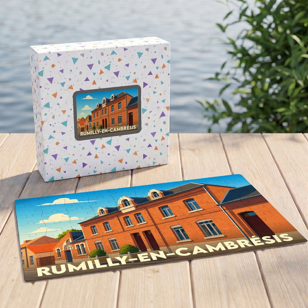Puzzle souvenir de la ville de Rumilly-en-Cambrésis avec une illustration stylisée de bâtiments en briques.