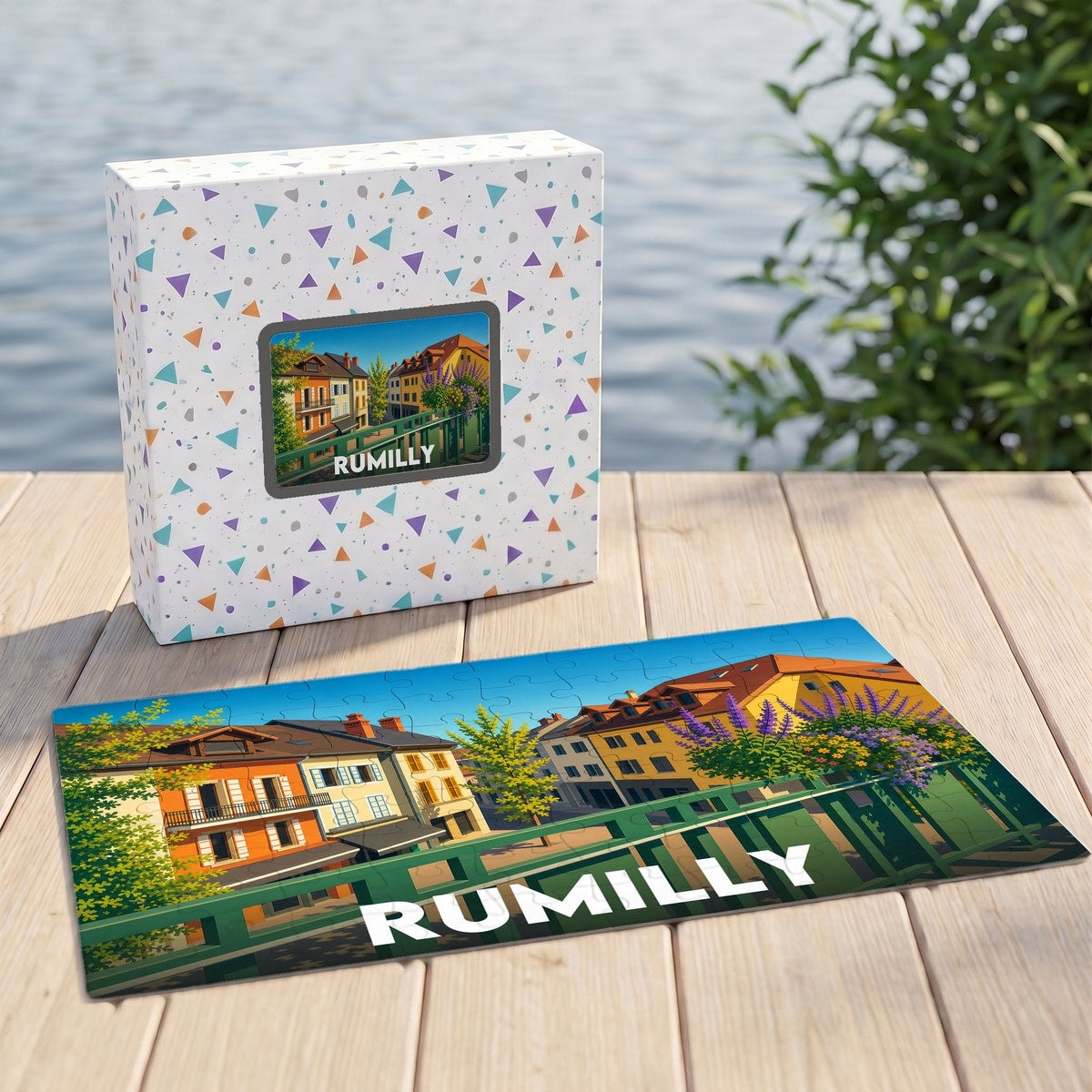 Puzzle souvenir de la ville de Rumilly avec une illustration colorée et stylisée de ses bâtiments.