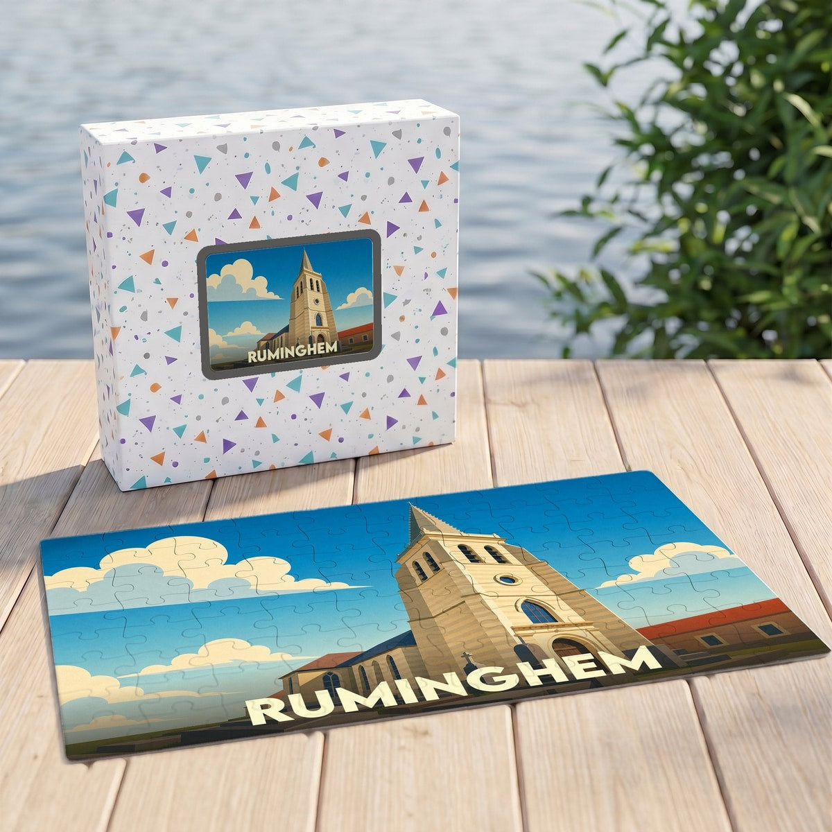 Puzzle souvenir de la ville de Ruminghem avec une illustration stylisée de son église.