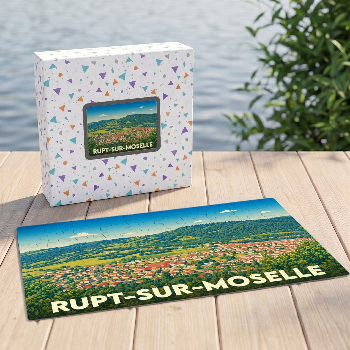 Puzzle souvenir de la ville de Rupt-sur-Moselle avec une illustration paysagère stylisée.