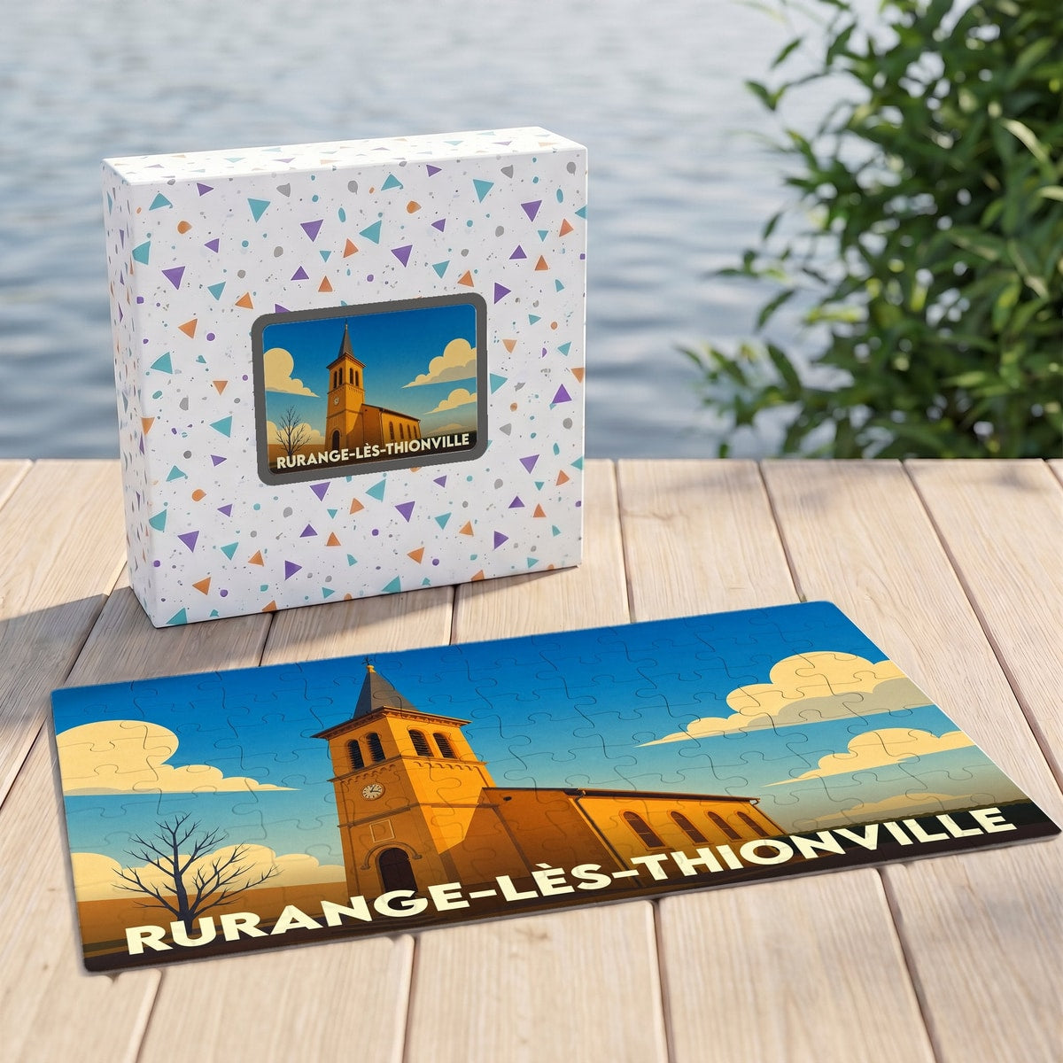 Puzzle souvenir de la ville de Rurange-lès-Thionville avec une illustration stylisée de son église.