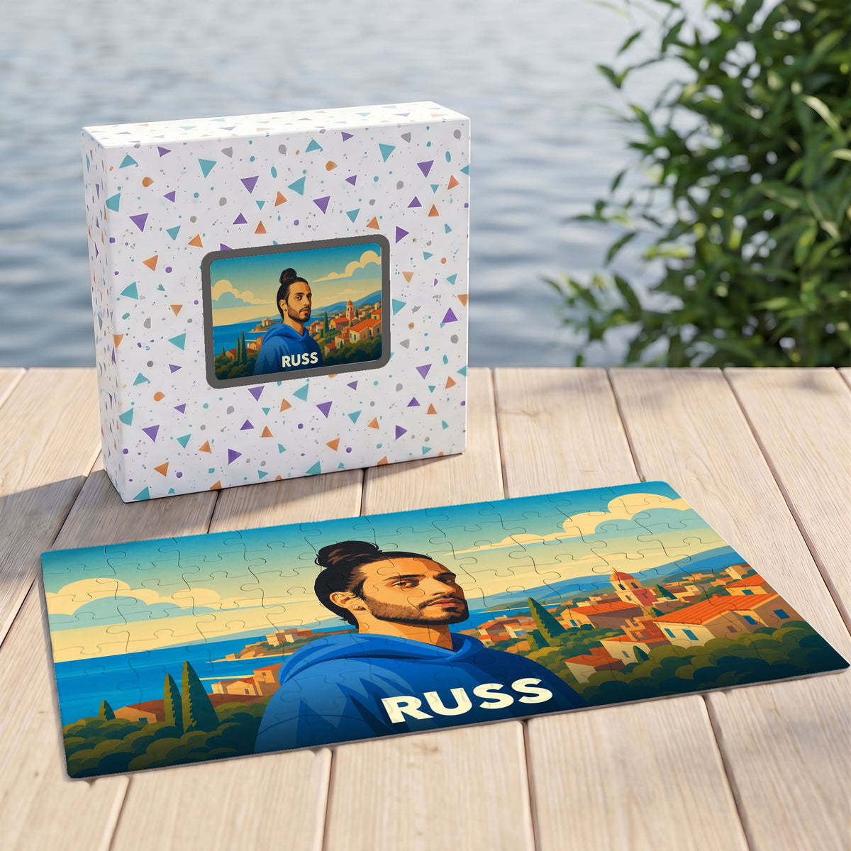 Puzzle souvenir de la ville de Russ avec une illustration stylisée d'un homme devant un paysage côtier.