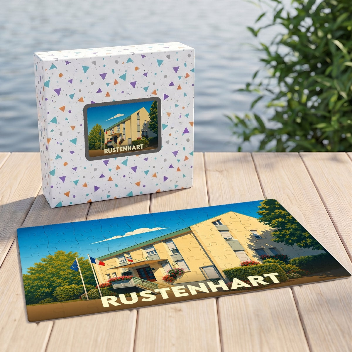 Puzzle souvenir de la ville de Rustenhart avec une illustration stylisée de sa mairie.