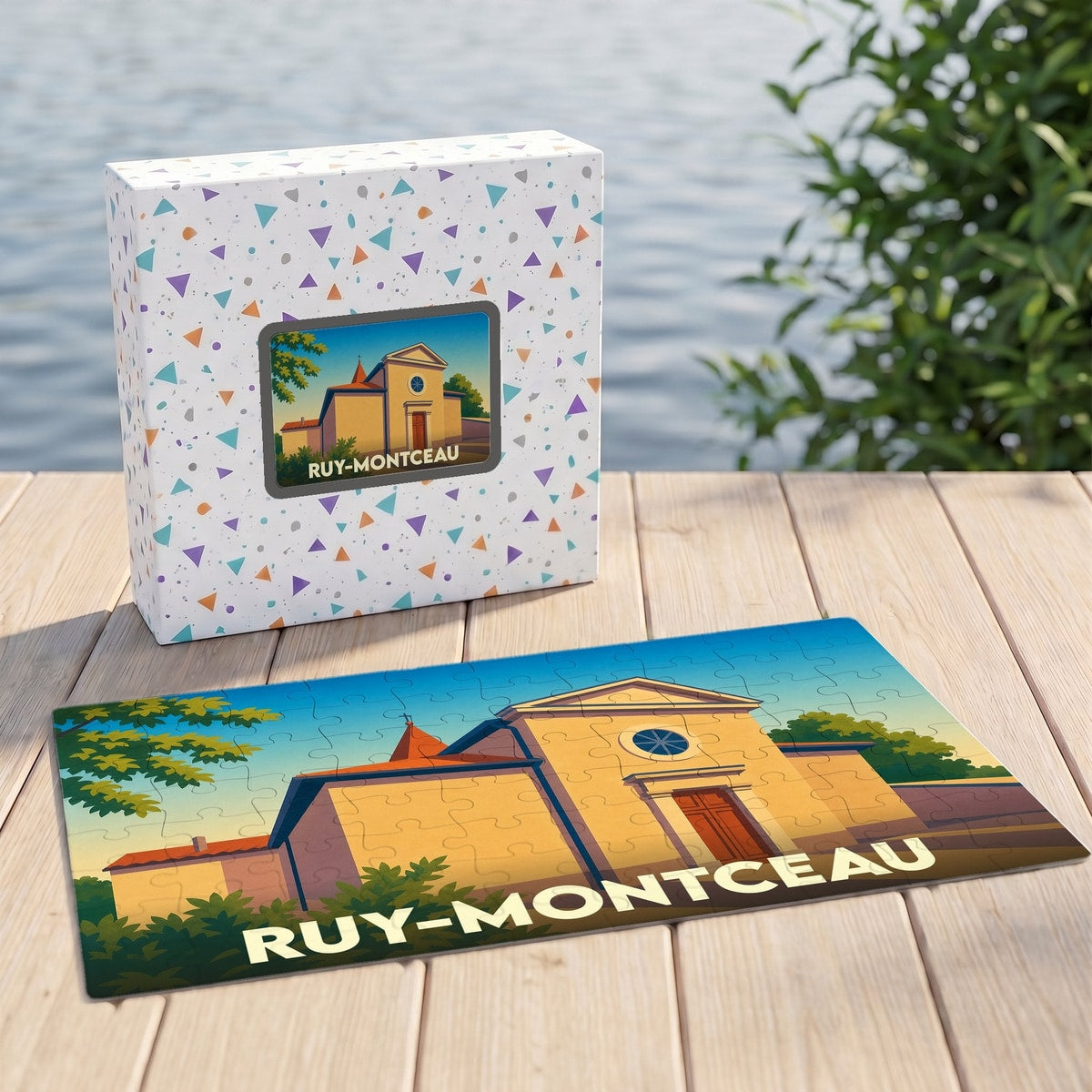 Puzzle souvenir de la ville de Ruy-Montceau avec une illustration stylisée d'une église ensoleillée.
