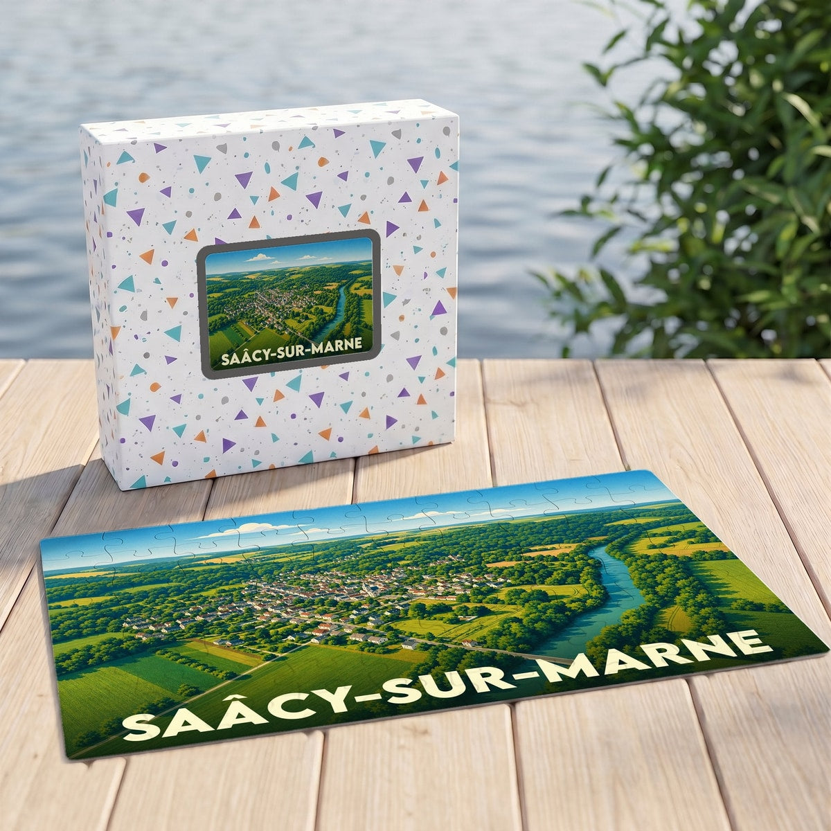 Puzzle souvenir de la ville de Saâcy-sur-Marne illustrant un paysage aérien verdoyant bordé par la rivière.