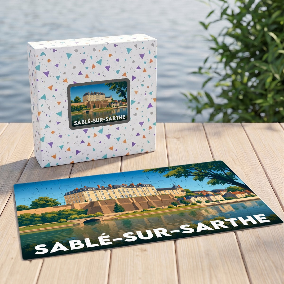 Puzzle souvenir de la ville de Sablé-sur-Sarthe avec une illustration stylisée de son château en bord de rivière.