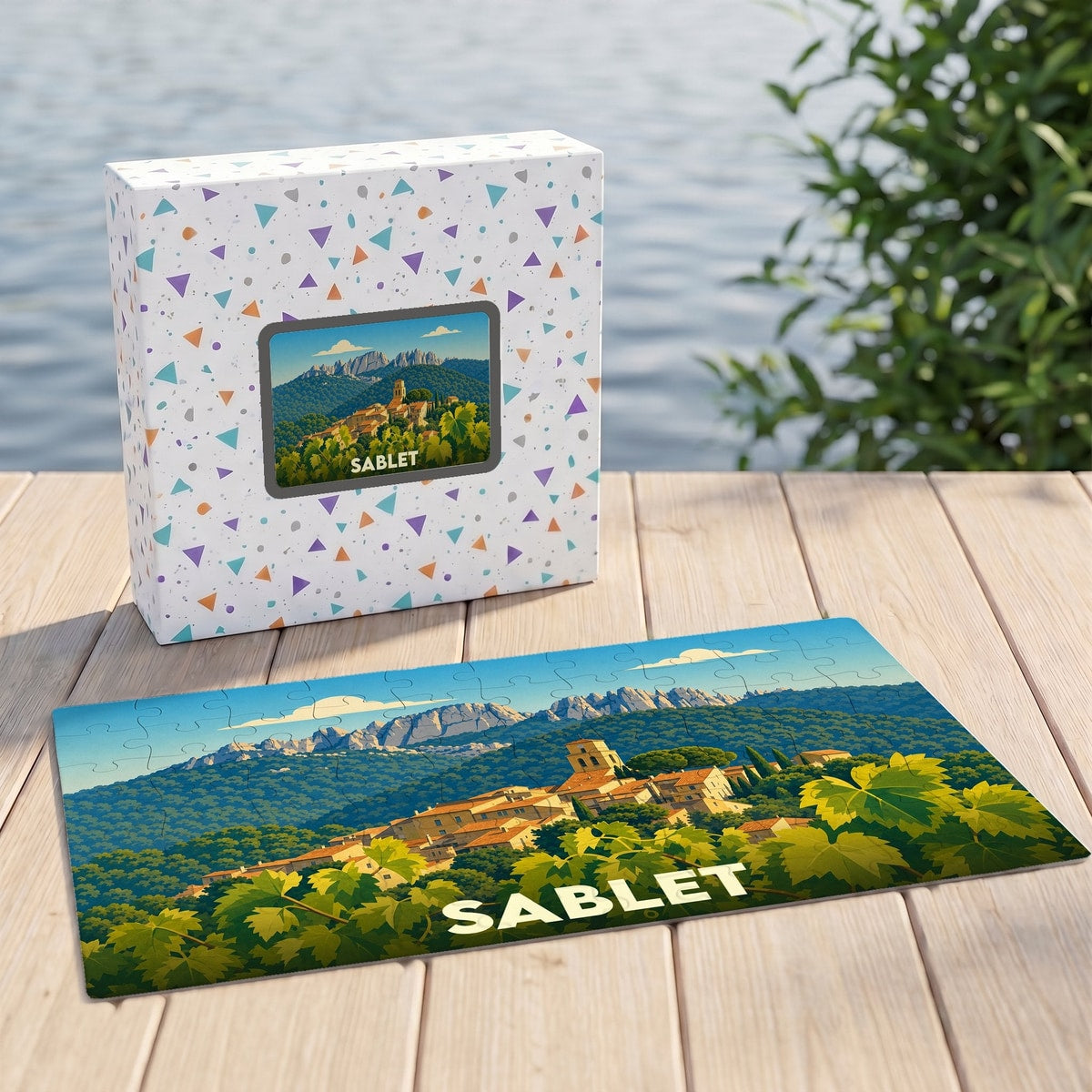 Puzzle souvenir de la ville de Sablet représentant un paysage provençal illustré.