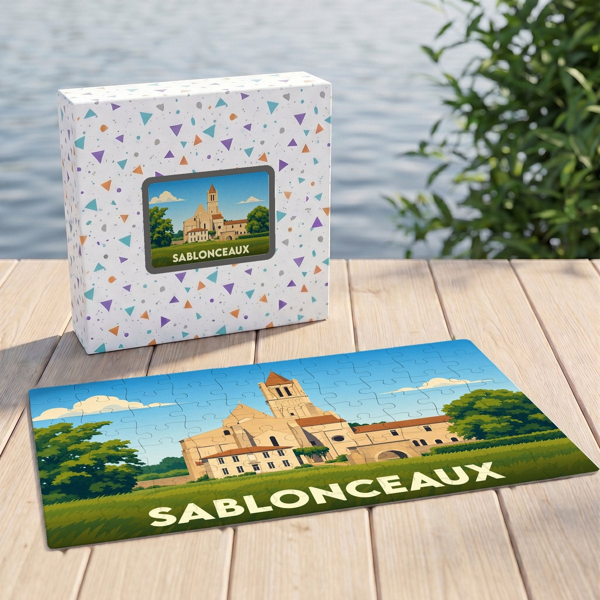 Puzzle souvenir de la ville de Sablonceaux illustré par un dessin stylisé de son abbaye.