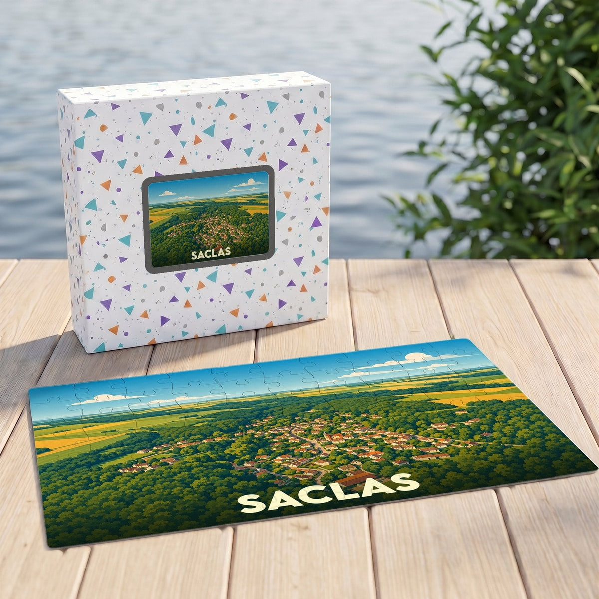 Puzzle souvenir de la ville de Saclas illustré par une vue aérienne stylisée du village et de sa forêt.