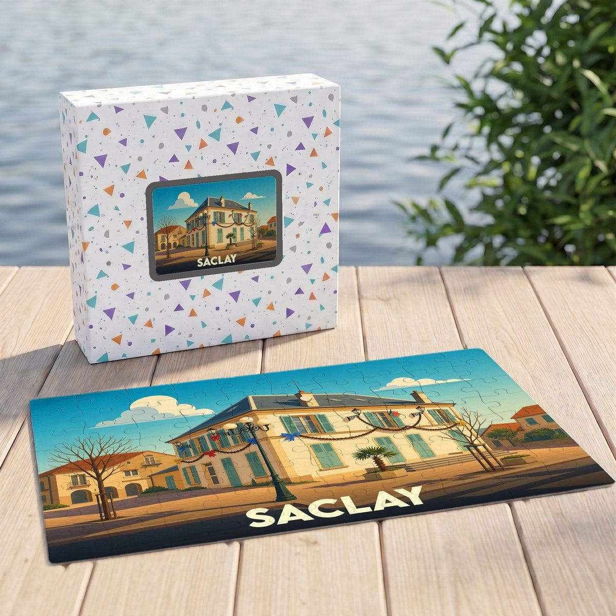 Puzzle souvenir de la ville de Saclay avec une illustration stylisée d'un bâtiment historique.