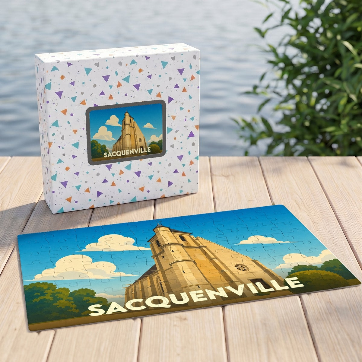 Puzzle souvenir de la ville de Sacquenville illustré d'un dessin stylisé de son église.