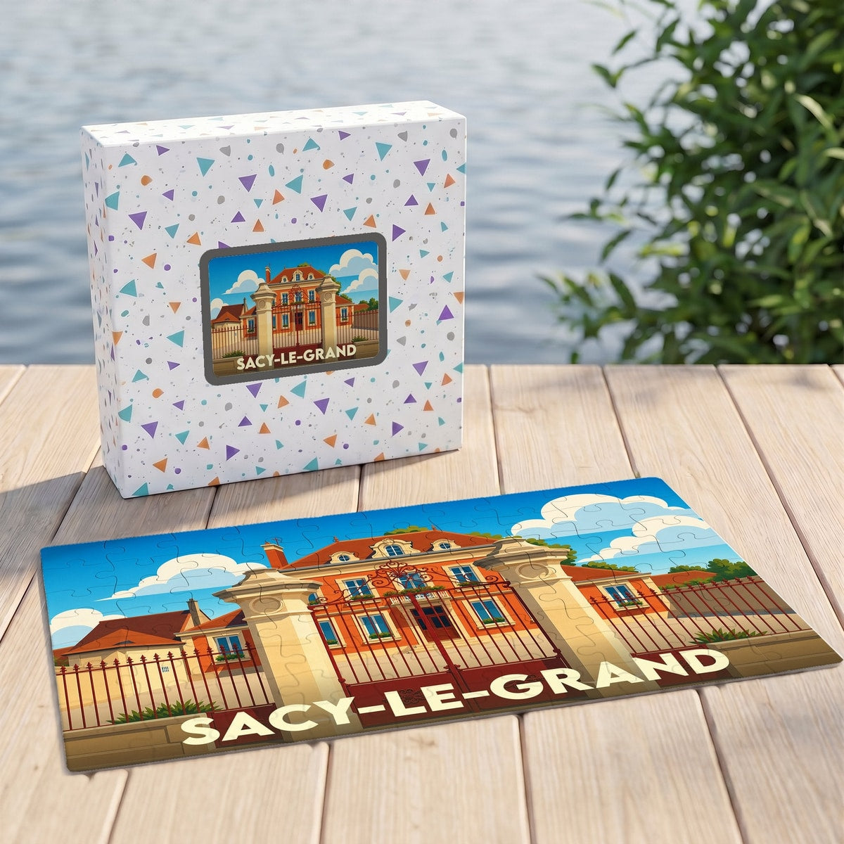 Puzzle souvenir de la ville de Sacy-le-Grand avec une illustration stylisée de son patrimoine.