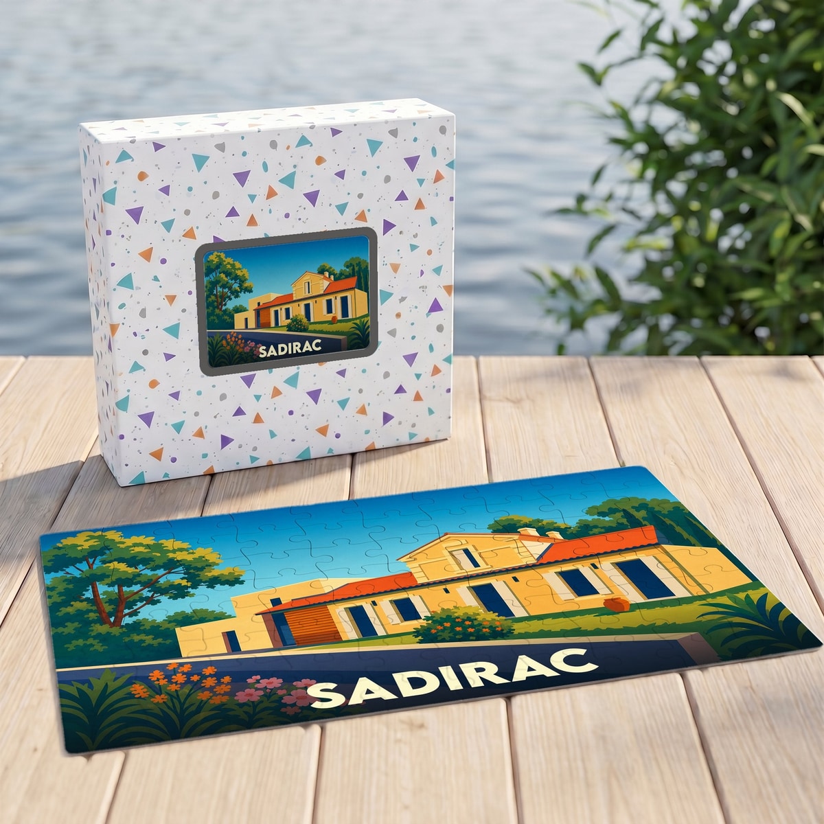 Puzzle souvenir de la ville de Sadirac illustrant une maison typique dans un style coloré et épuré.